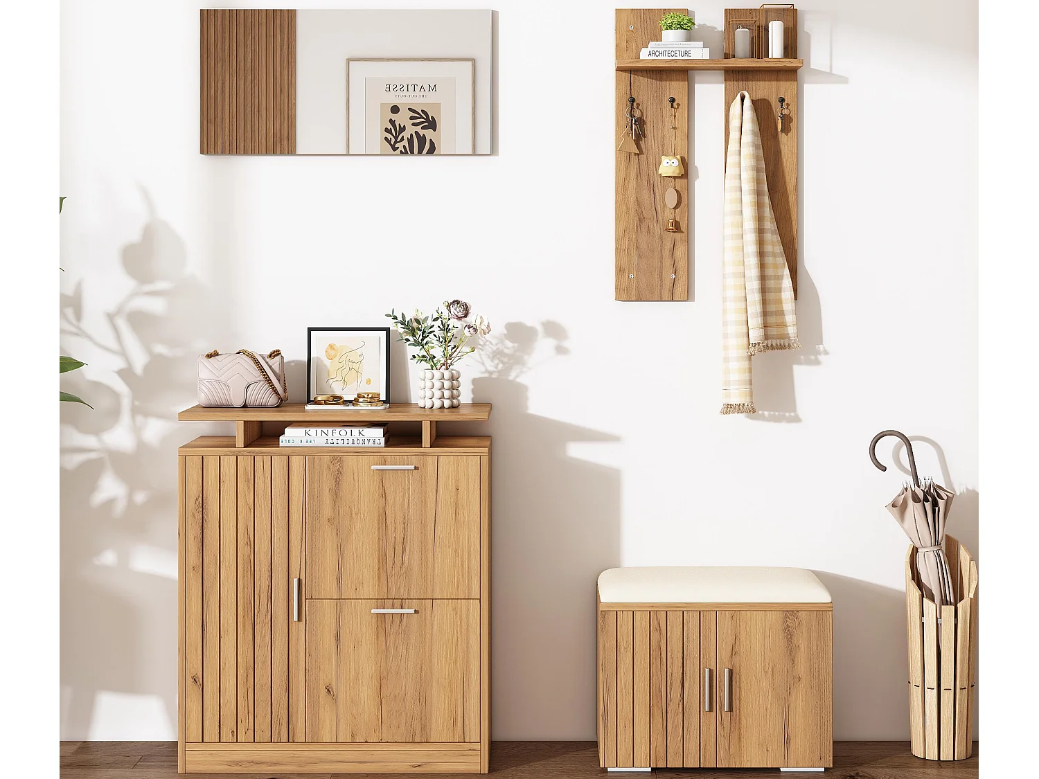 Set ingresso con appendiabiti 4 pezzi - mobile porta scarpe e panca per scarpe - specchio e attaccapanni - Naturale