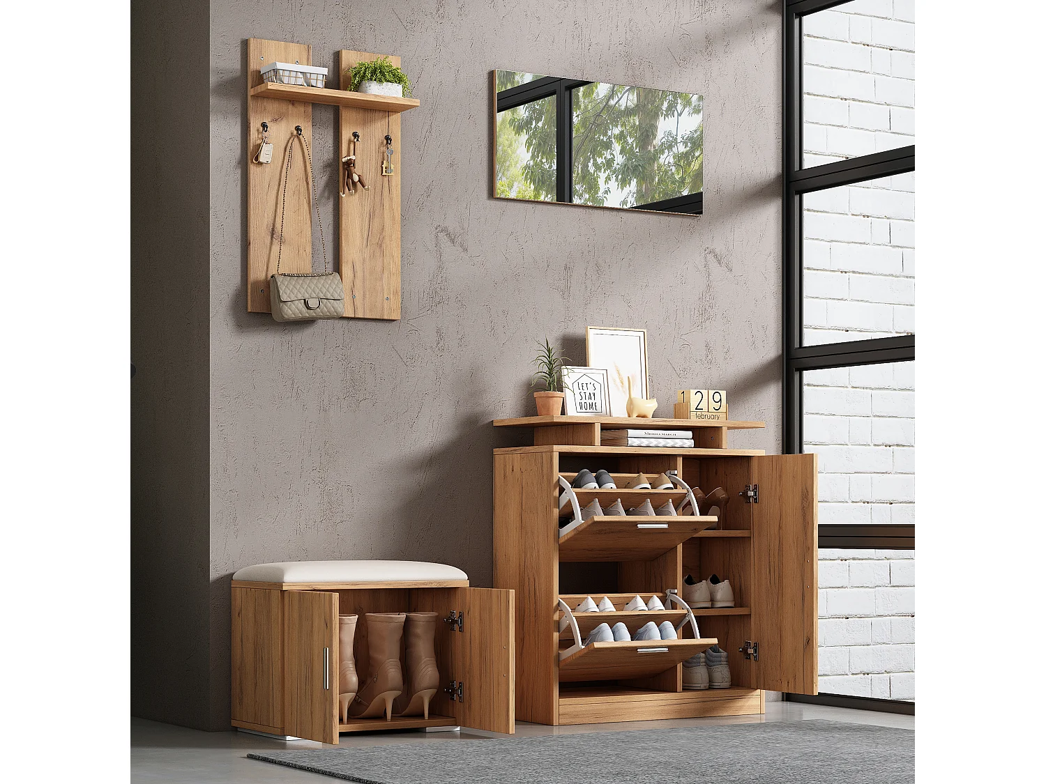 Set ingresso con appendiabiti 4 pezzi - mobile porta scarpe e panca per scarpe - specchio e attaccapanni - Naturale