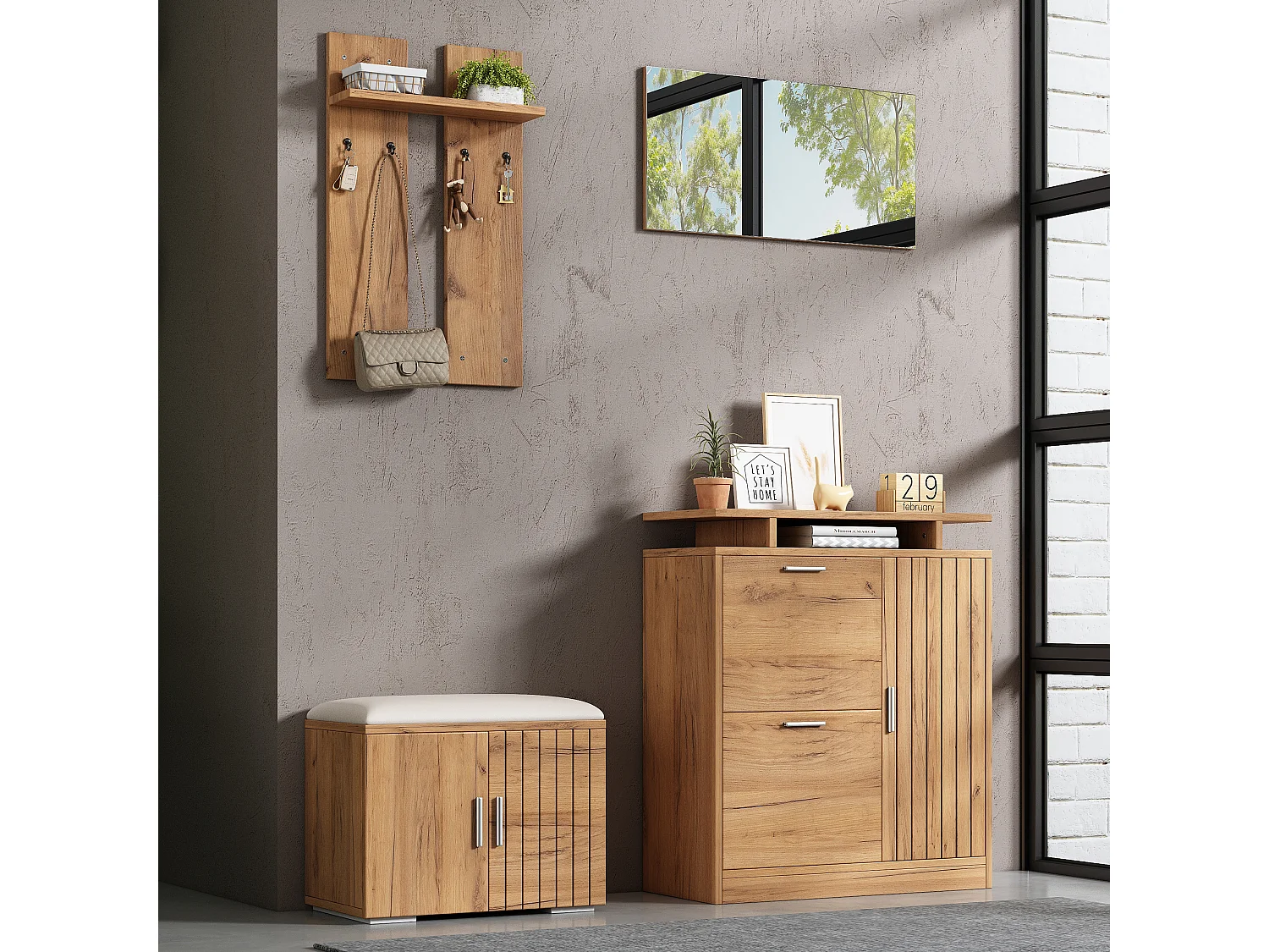 Set ingresso con appendiabiti 4 pezzi - mobile porta scarpe e panca per scarpe - specchio e attaccapanni - Naturale
