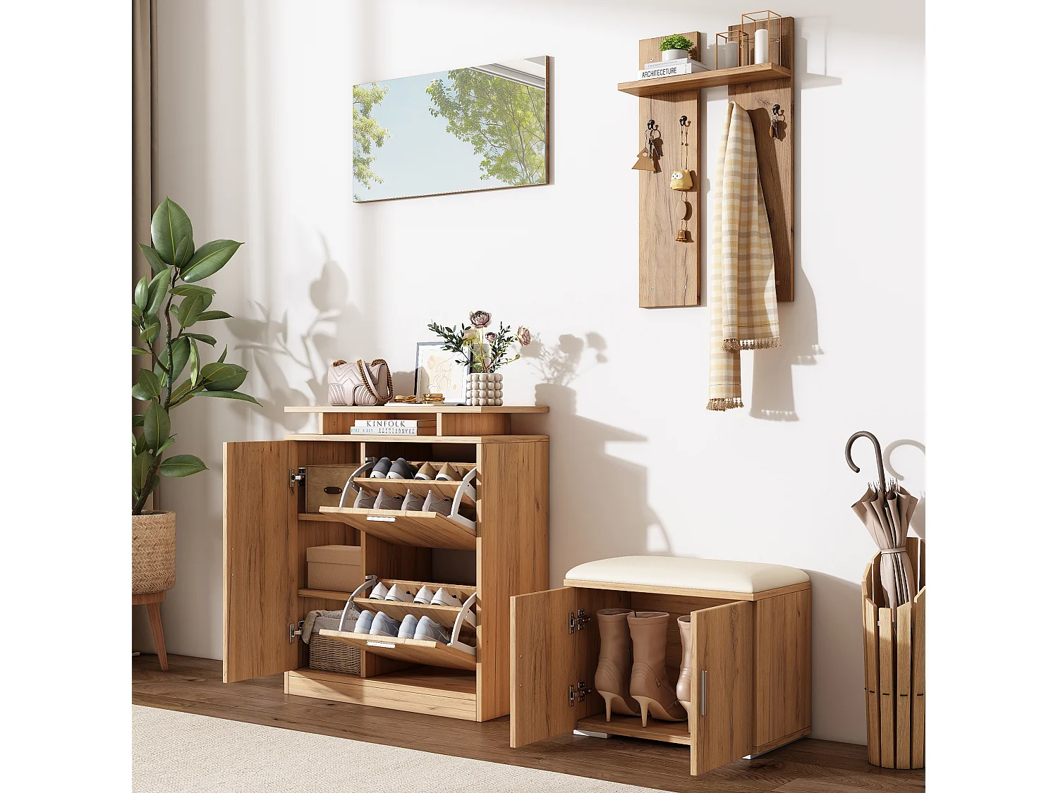 Set ingresso con appendiabiti 4 pezzi - mobile porta scarpe e panca per scarpe - specchio e attaccapanni - Naturale