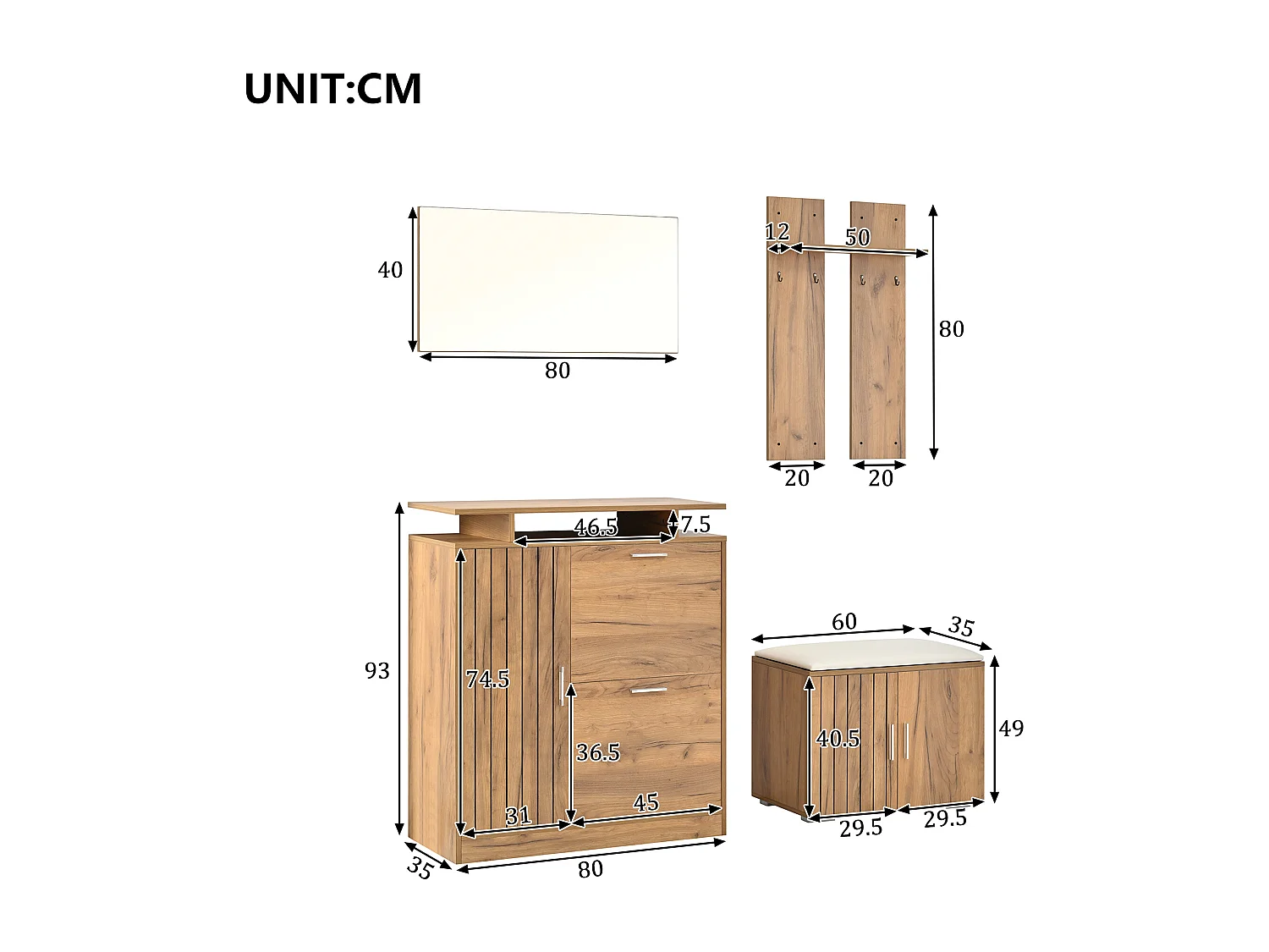 Set ingresso con appendiabiti 4 pezzi - mobile porta scarpe e panca per scarpe - specchio e attaccapanni - Naturale