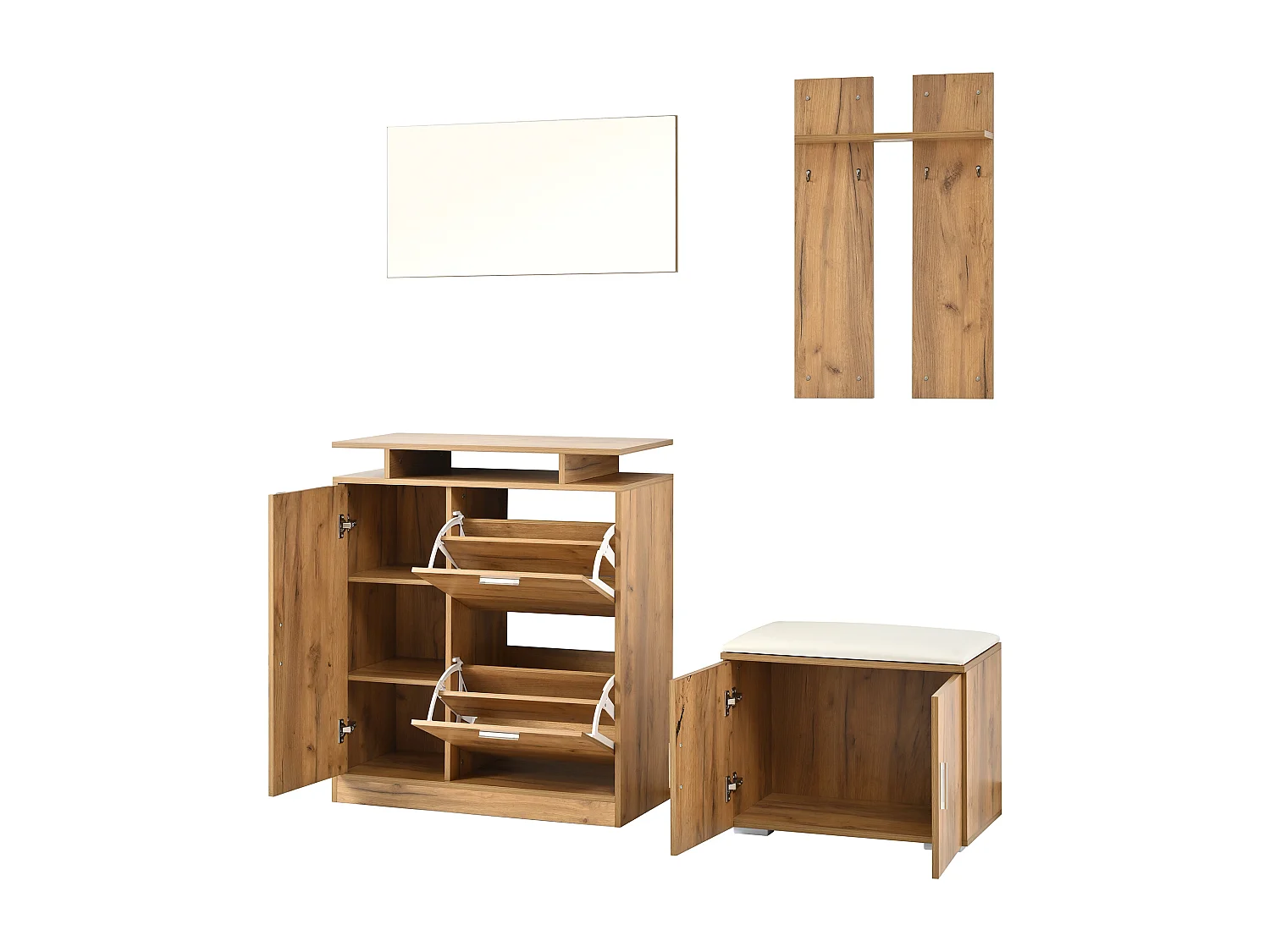 Set ingresso con appendiabiti 4 pezzi - mobile porta scarpe e panca per scarpe - specchio e attaccapanni - Naturale