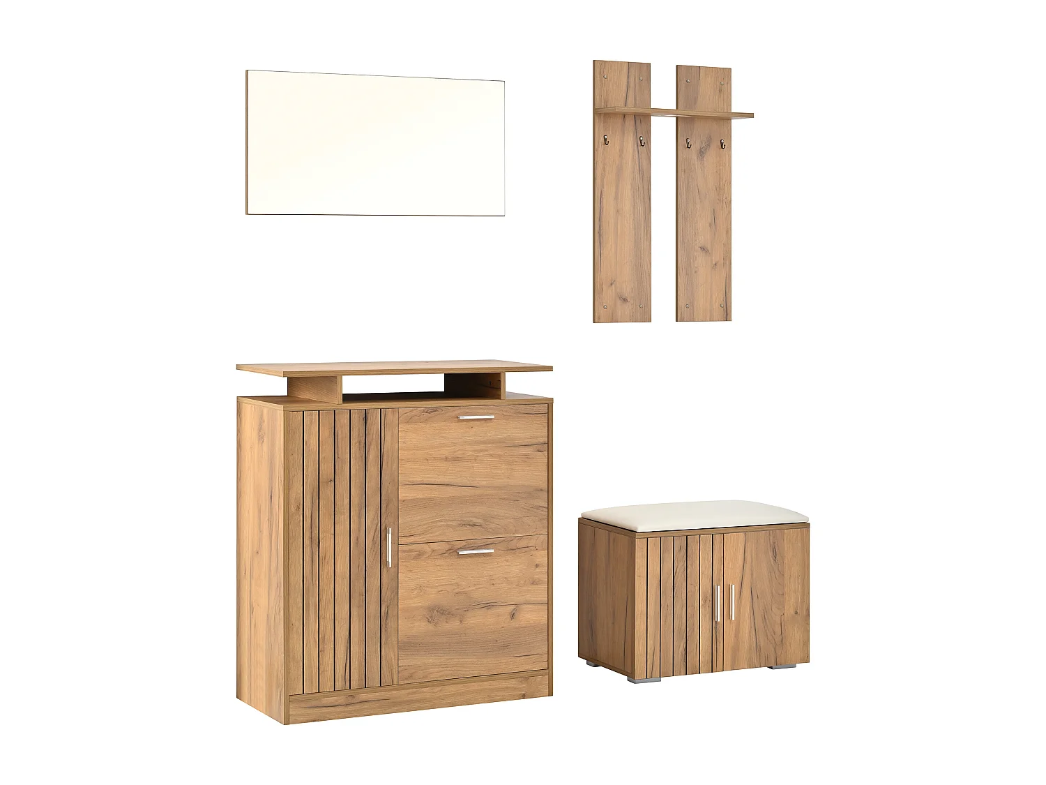 Set ingresso con appendiabiti 4 pezzi - mobile porta scarpe e panca per scarpe - specchio e attaccapanni - Naturale