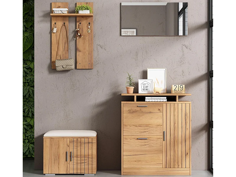 Set ingresso con appendiabiti 4 pezzi - mobile porta scarpe e panca per scarpe - specchio e attaccapanni - Naturale