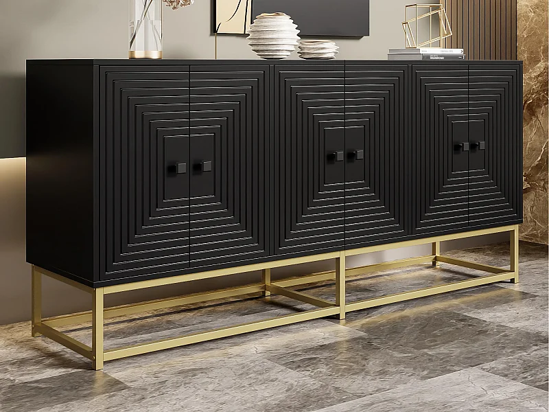 Modern buffet 160x38x75,5 cm - 6 deuren - Grote opbergruimte - Deeltjesplaten - Zwart + goud