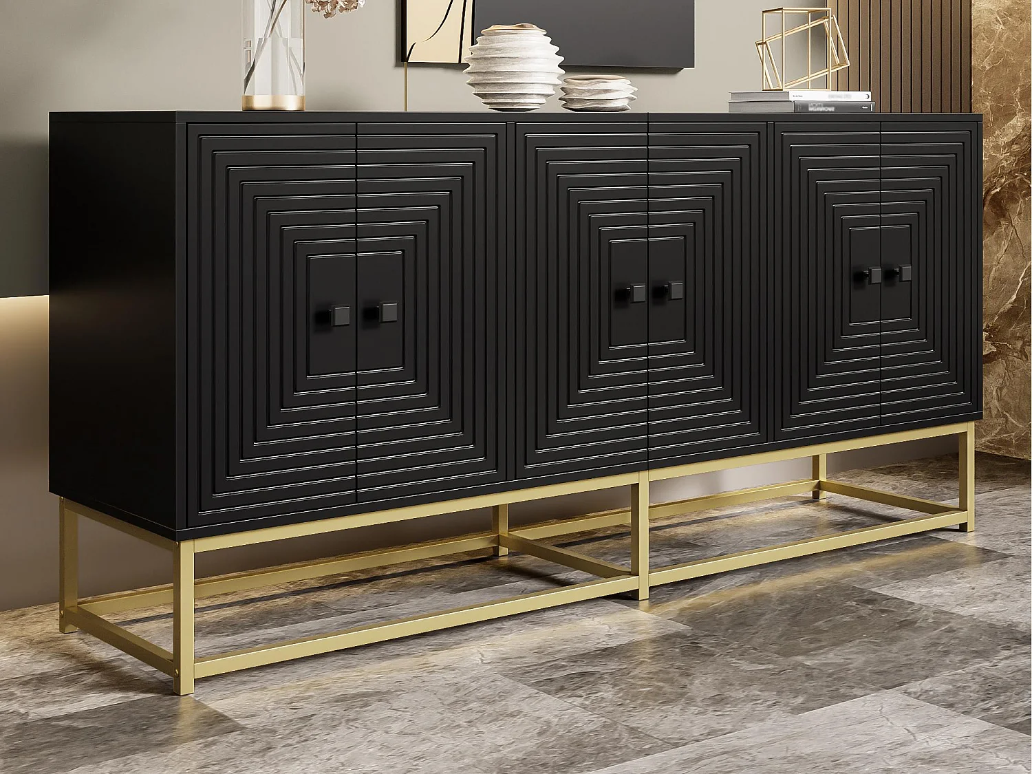 Modern buffet 160x38x75,5 cm - 6 deuren - Grote opbergruimte - Deeltjesplaten - Zwart + goud