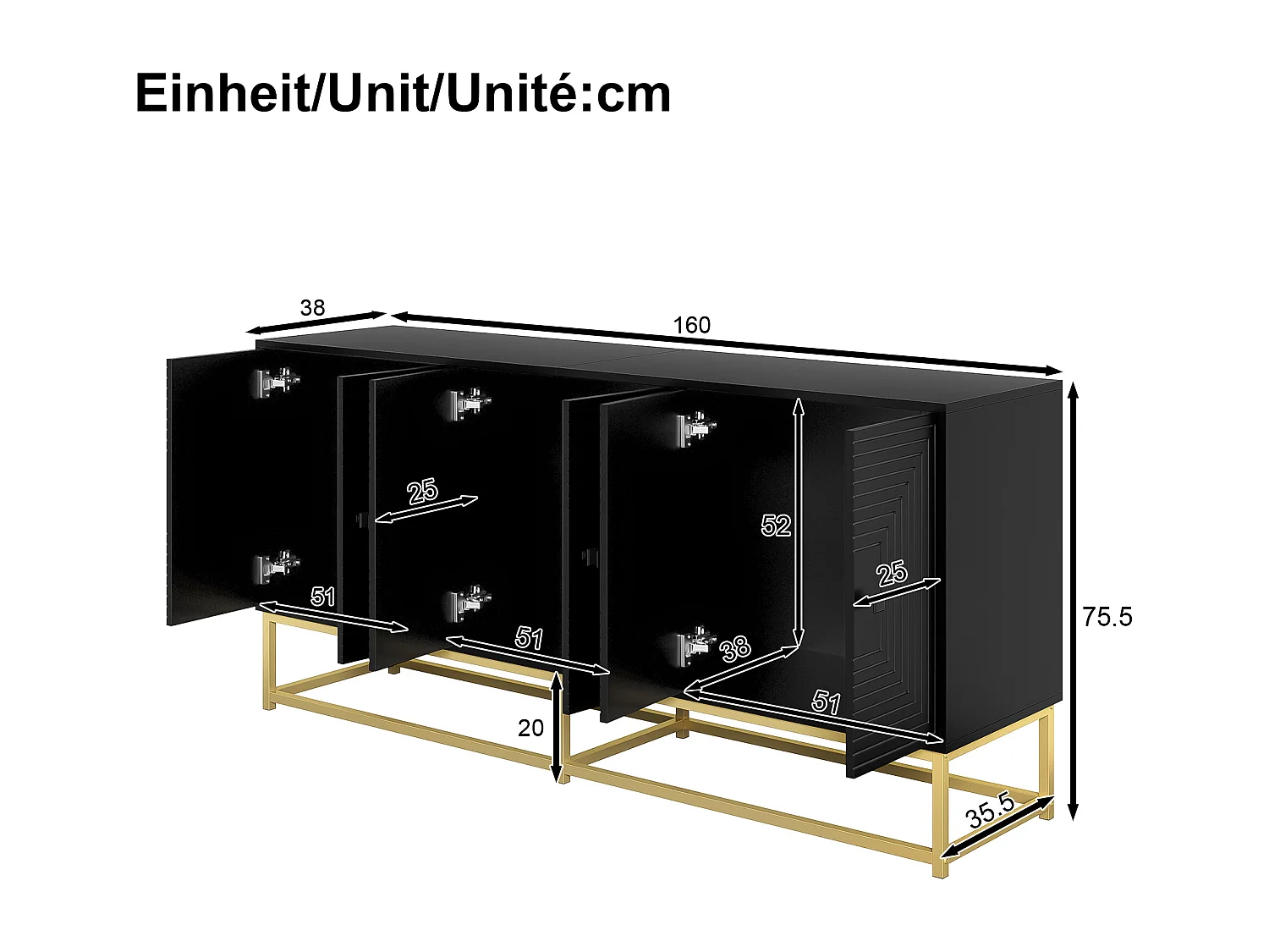 Modern buffet 160x38x75,5 cm - 6 deuren - Grote opbergruimte - Deeltjesplaten - Zwart + goud