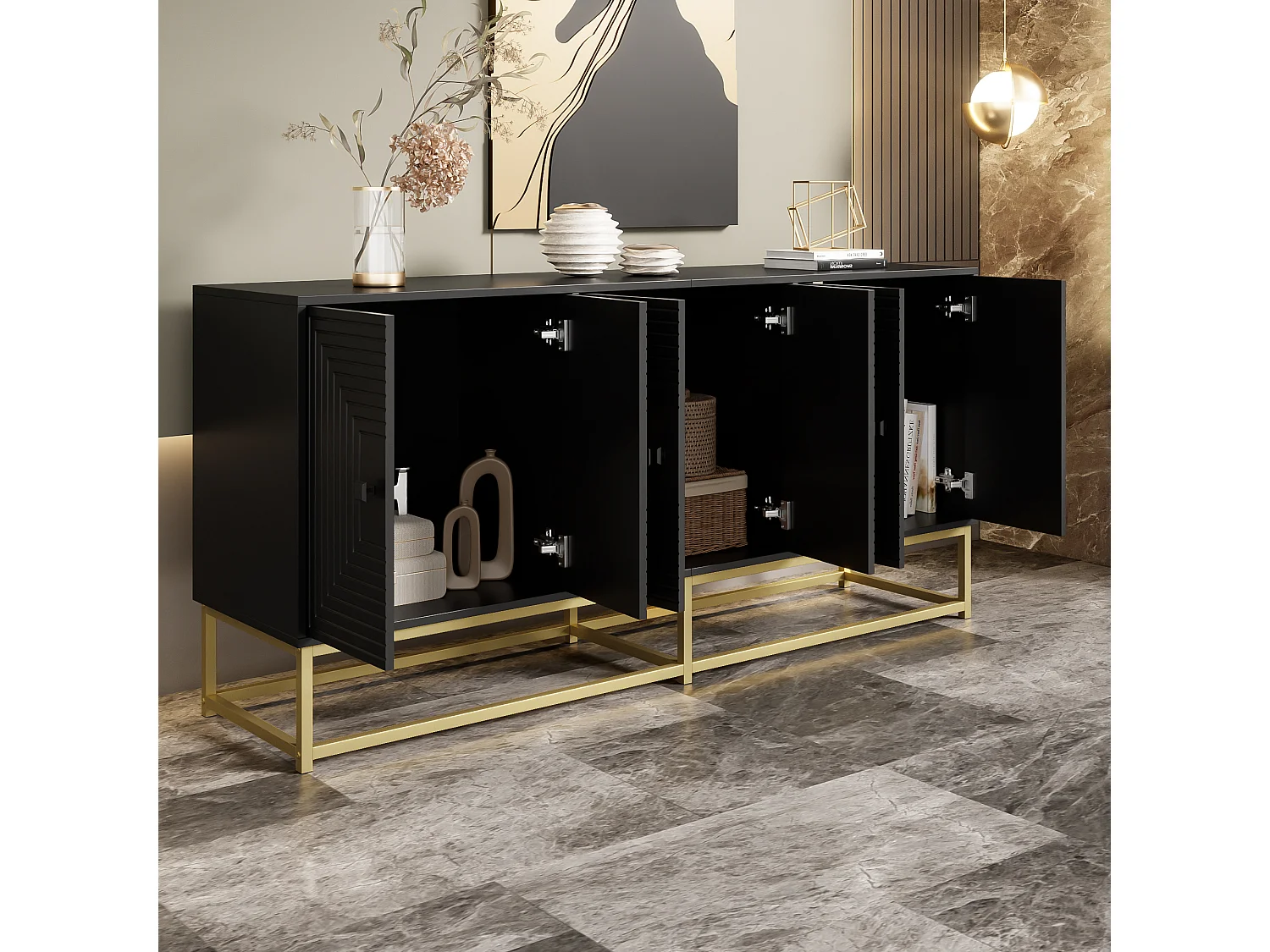 Buffet moderne 160x38x75,5 cm - 6 portes - Grand espace de rangement - Panneaux de particules - Noir + doré