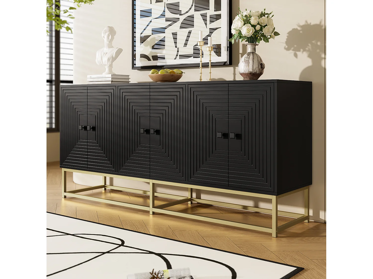 Buffet moderne 160x38x75,5 cm - 6 portes - Grand espace de rangement - Panneaux de particules - Noir + doré