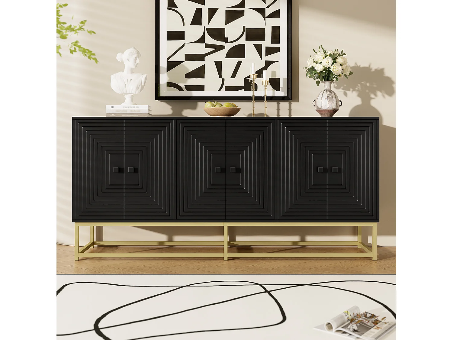 Buffet moderne 160x38x75,5 cm - 6 portes - Grand espace de rangement - Panneaux de particules - Noir + doré