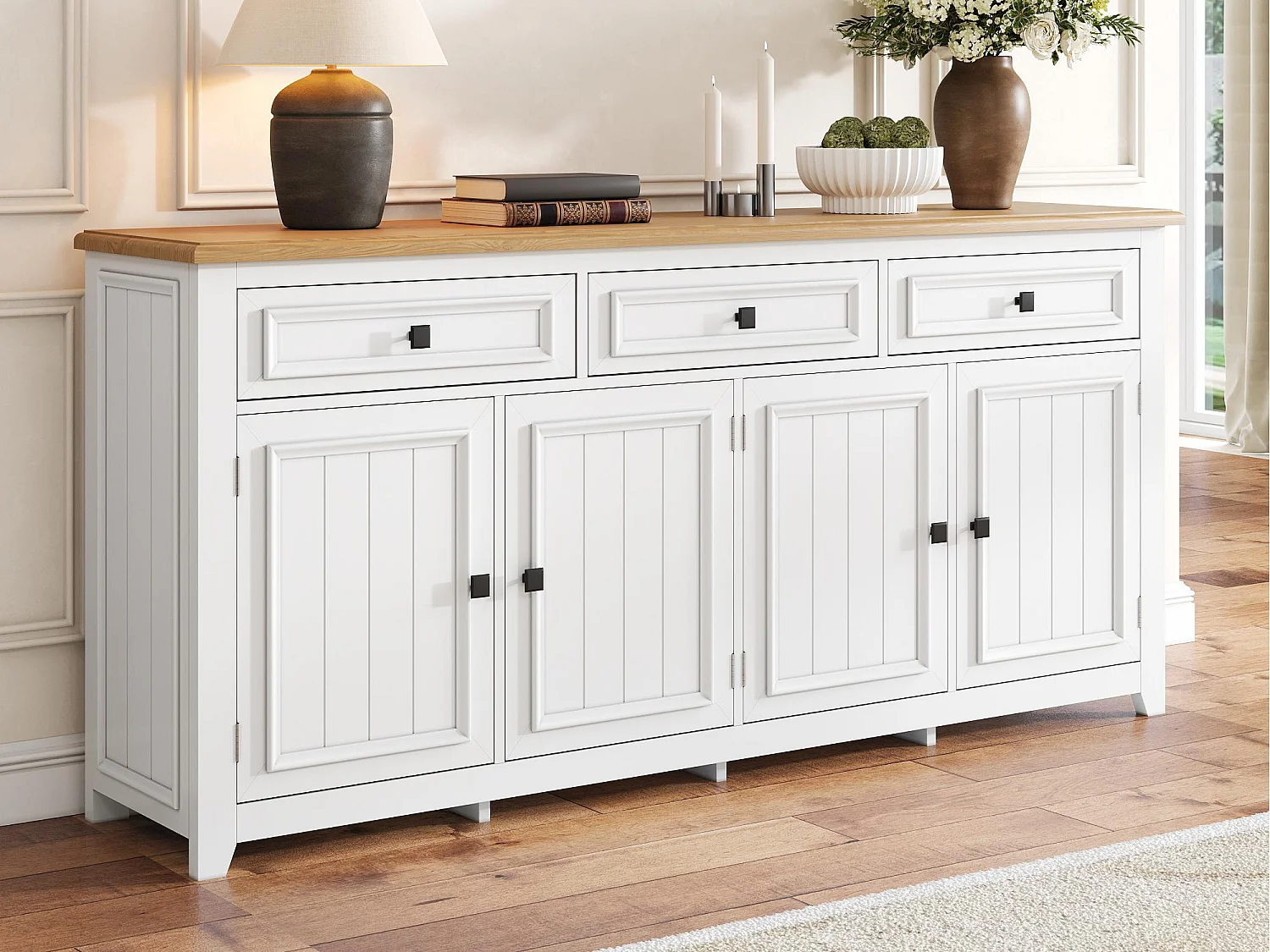 Buffet moderne 160x35x76 cm - 3 tiroirs et 4 portes - Étagères réglables - MDF - Blanc