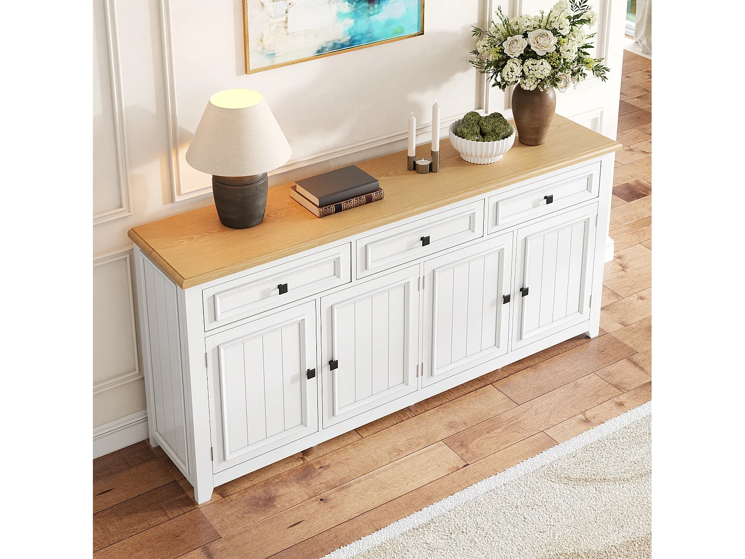 Buffet moderne 160x35x76 cm - 3 tiroirs et 4 portes - Étagères réglables - MDF - Blanc