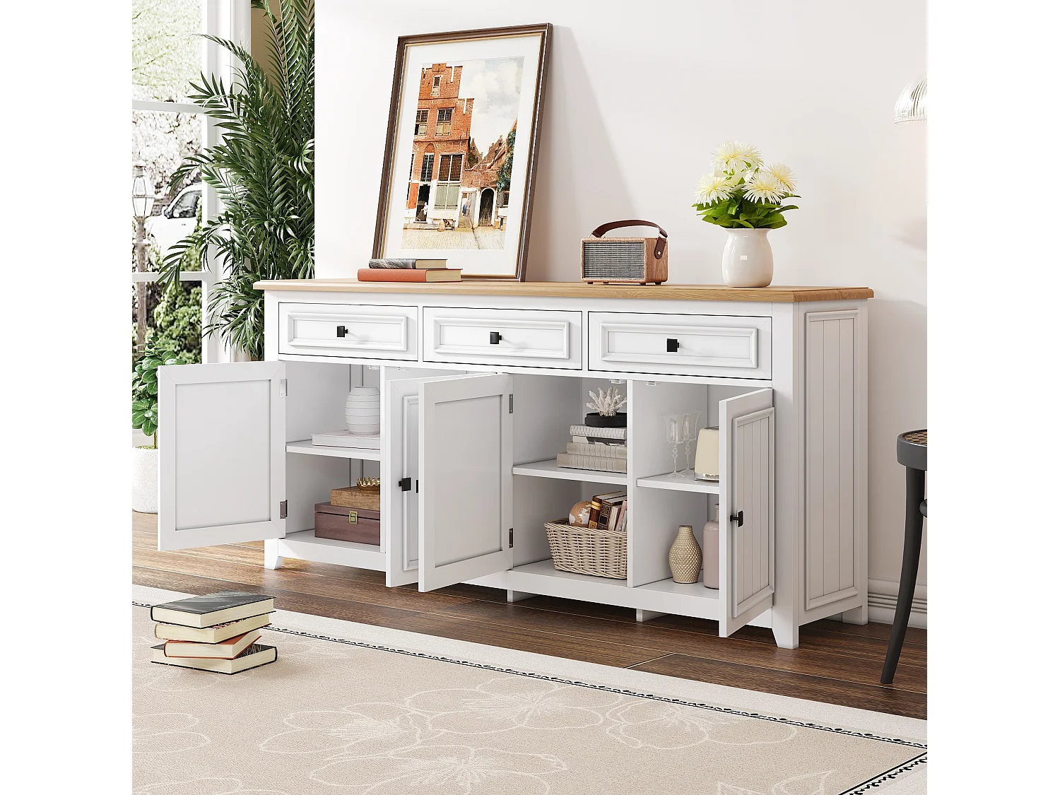 Modernes Sideboard 160x35x76 cm - 3 Schubladen und 4 Türen - Höhenverstellbare Einlegeböden - MDF - Weiß
