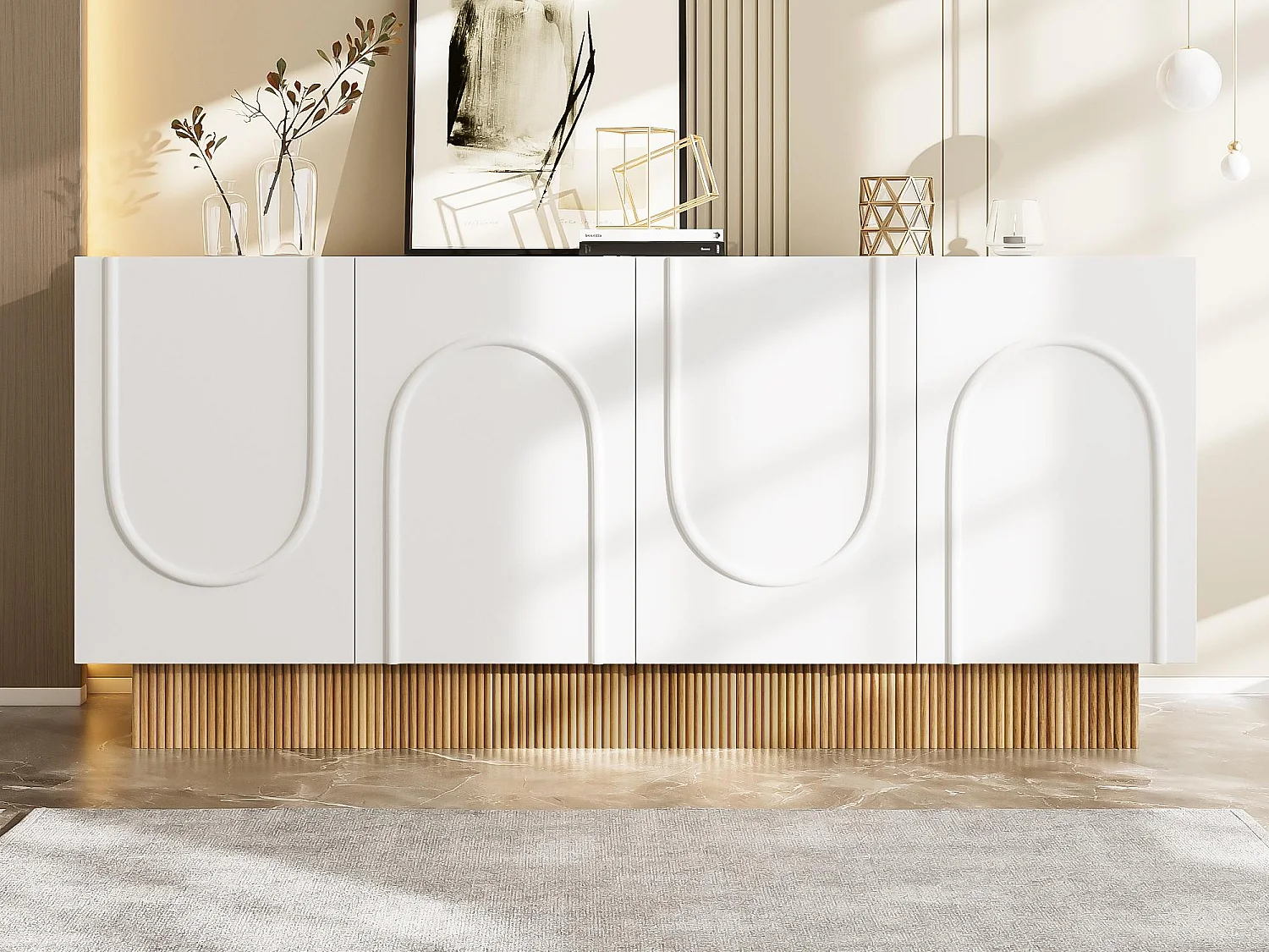 Buffet moderne 160x38x75 cm - 4 portes - Design en relief - Panneaux de particules - Blanc + naturel