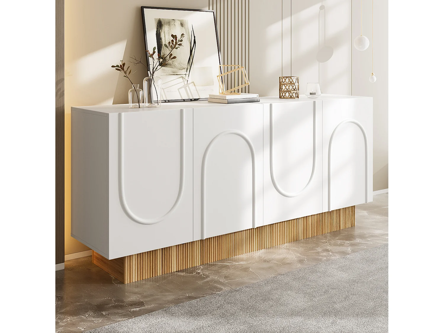 Buffet moderne 160x38x75 cm - 4 portes - Design en relief - Panneaux de particules - Blanc + naturel