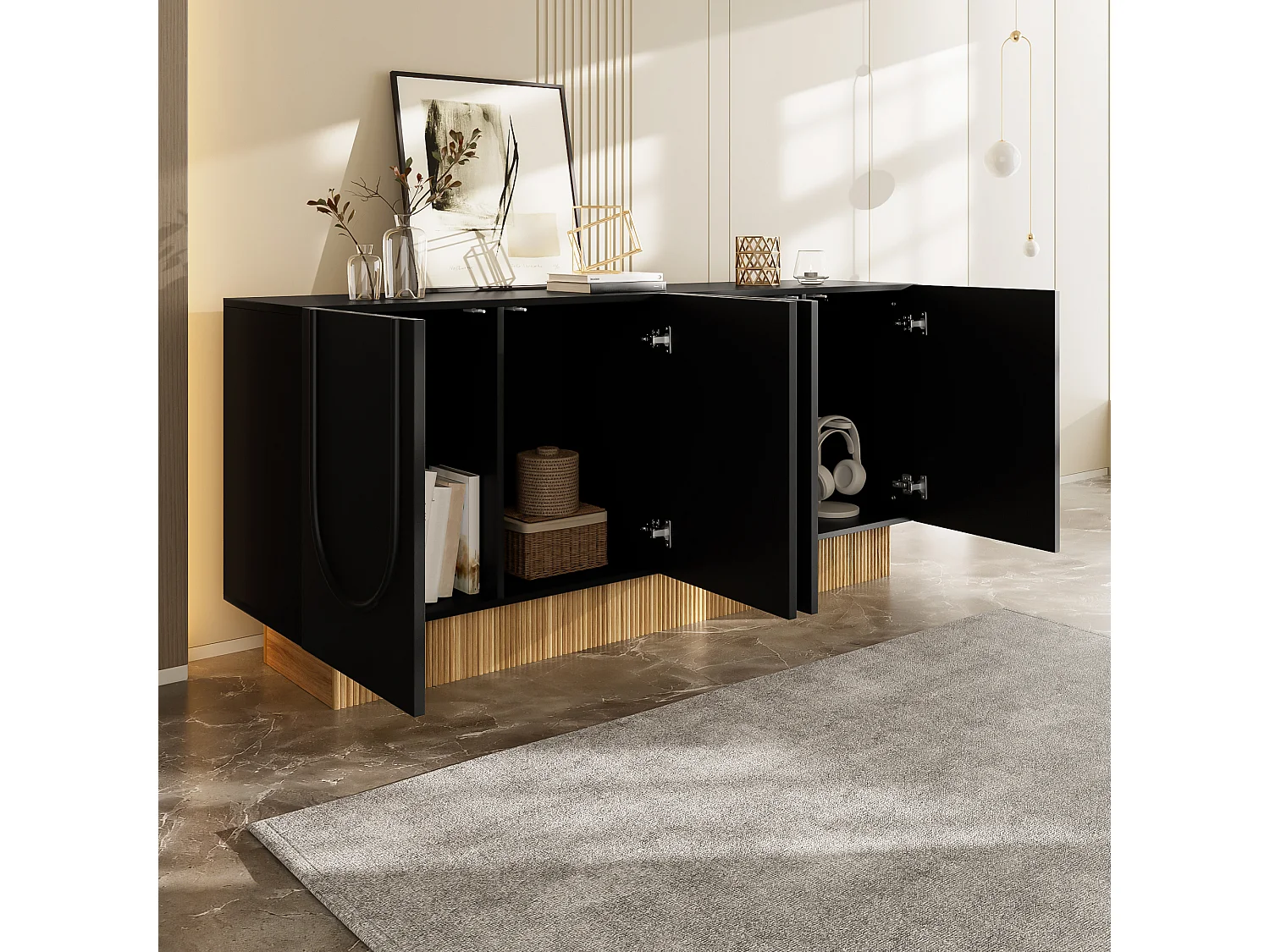 Buffet moderne 160x38x75 cm - 4 portes - Design en relief - Panneaux de particules - Noir + naturel