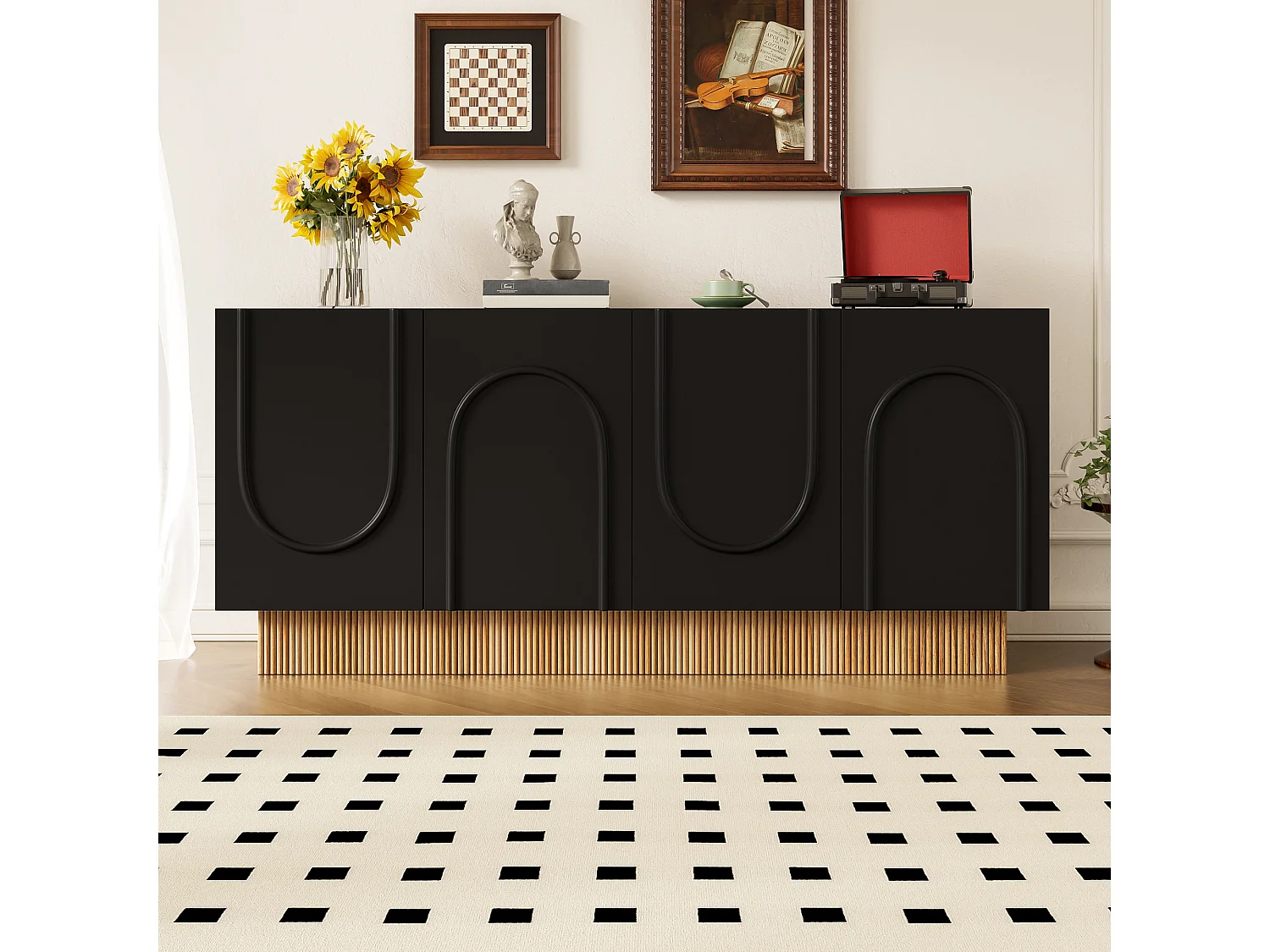Buffet moderne 160x38x75 cm - 4 portes - Design en relief - Panneaux de particules - Noir + naturel
