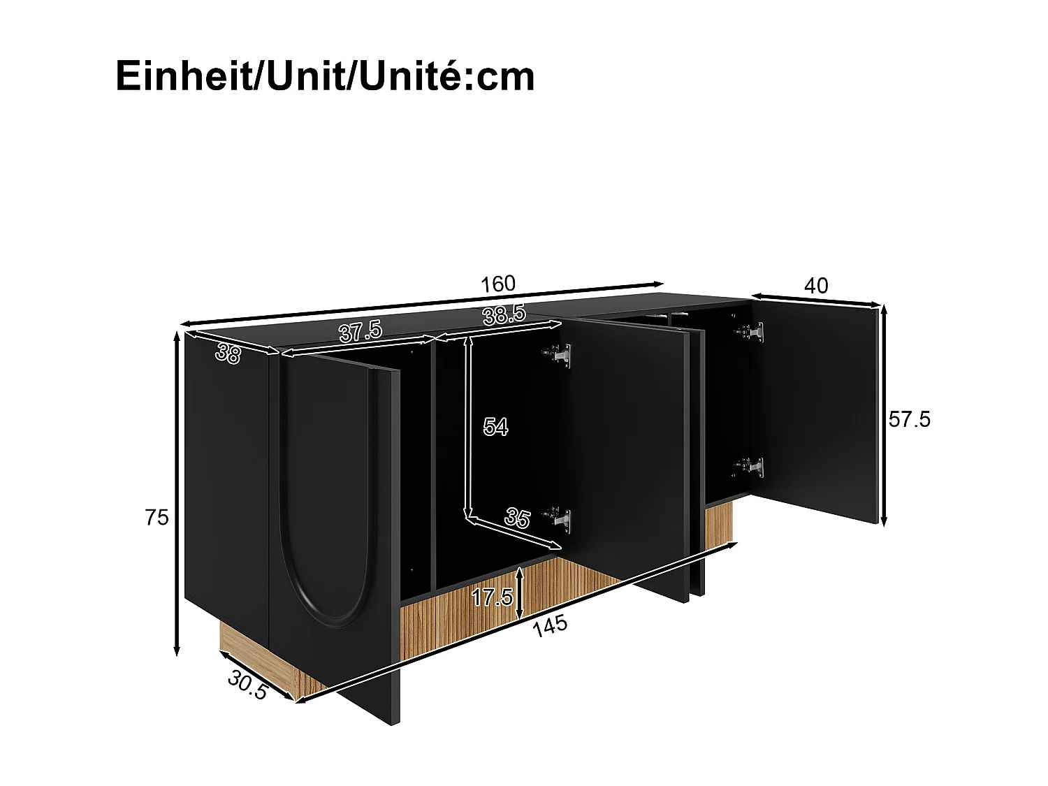 Buffet moderne 160x38x75 cm - 4 portes - Design en relief - Panneaux de particules - Noir + naturel
