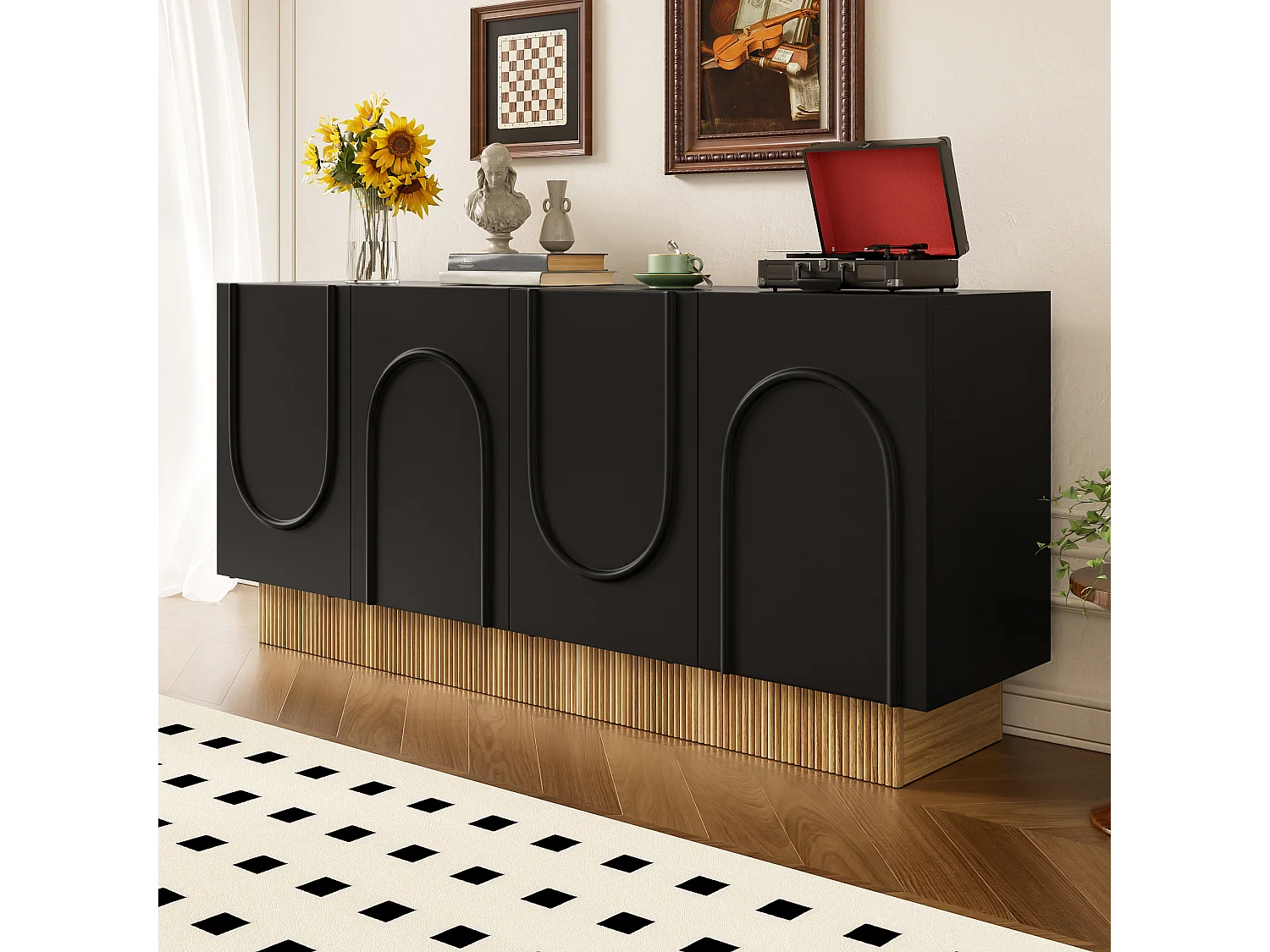 Buffet moderno 160x38x75 cm - 4 puertas - Diseño en relieve - Paneles de partículas - Negro + natural