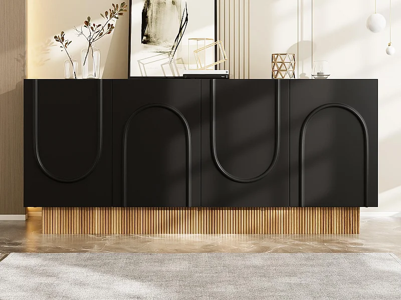 Modern buffet 160x38x75 cm - 4 deuren - Relief design - Deeltjesplaten - Zwart + natuur