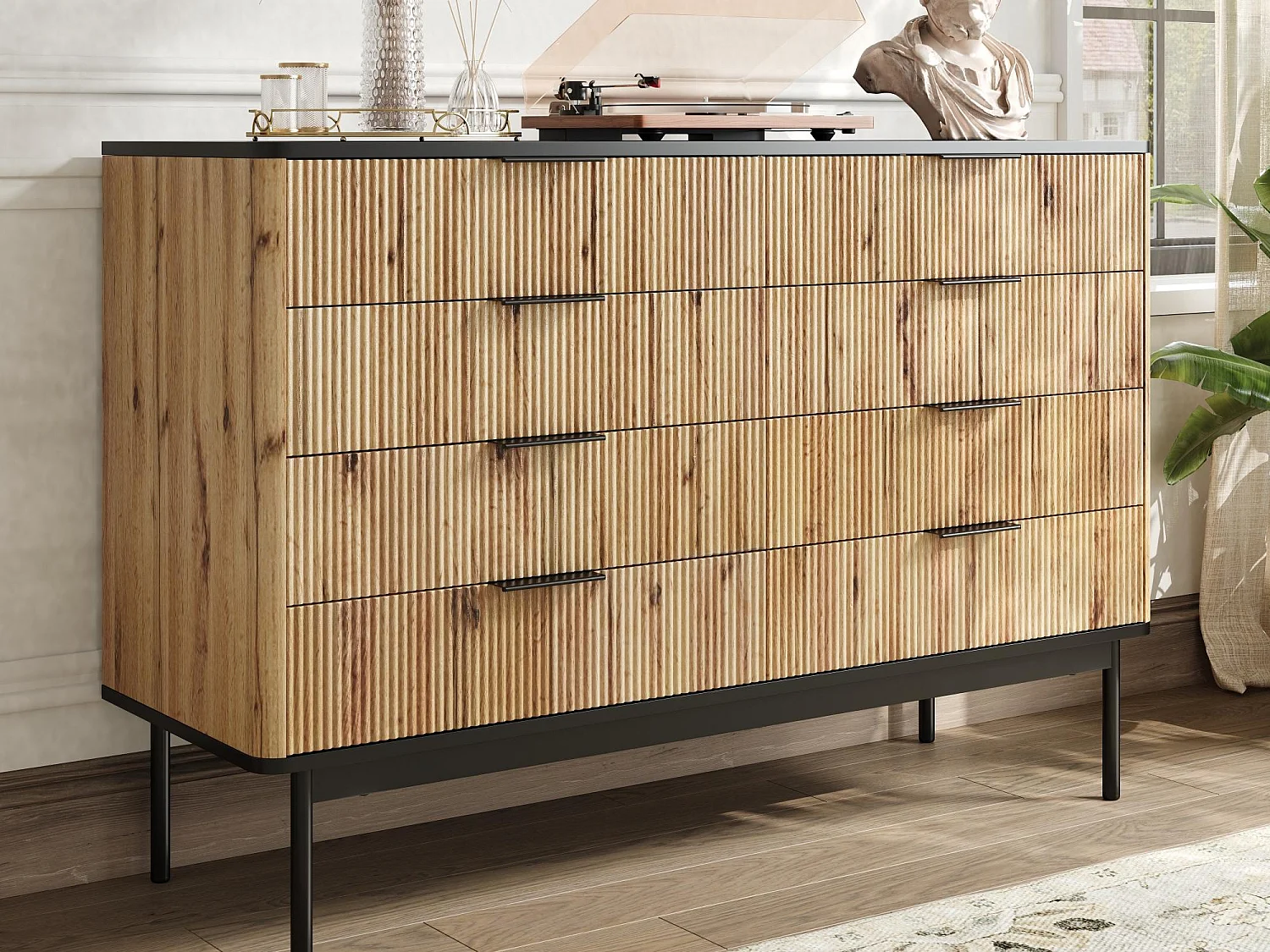 Modernes Sideboard 120x39,5x80 cm - 8 Schubladen - Holzoptik - MDF - Natur und schwarz
