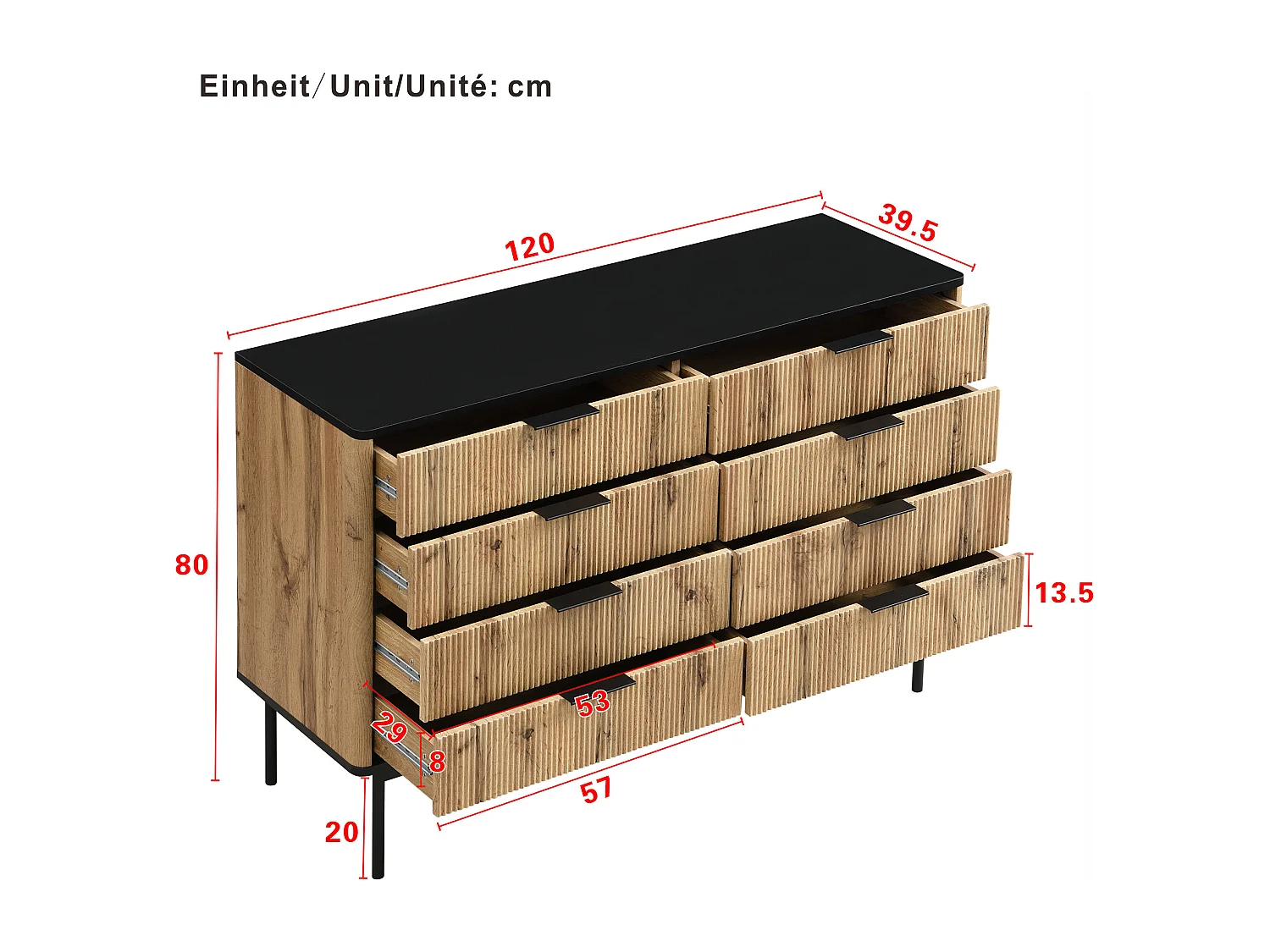 Modernes Sideboard 120x39,5x80 cm - 8 Schubladen - Holzoptik - MDF - Natur und schwarz