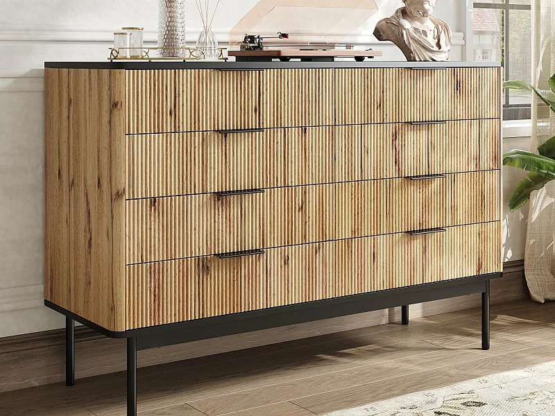 Modernes Sideboard 120x39,5x80 cm - 8 Schubladen - Holzoptik - MDF - Natur und schwarz