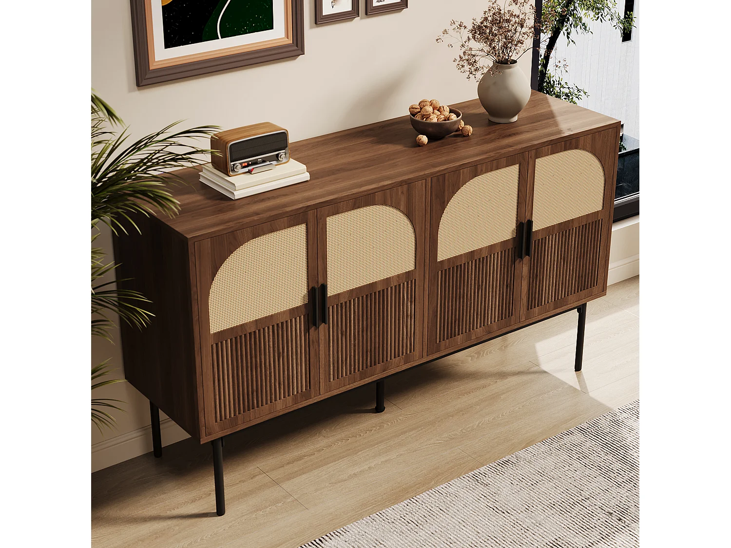Modern buffet 140x40x80 cm - met 4 deuren - Rotan afwerking - Notenhout fineer - Bruin