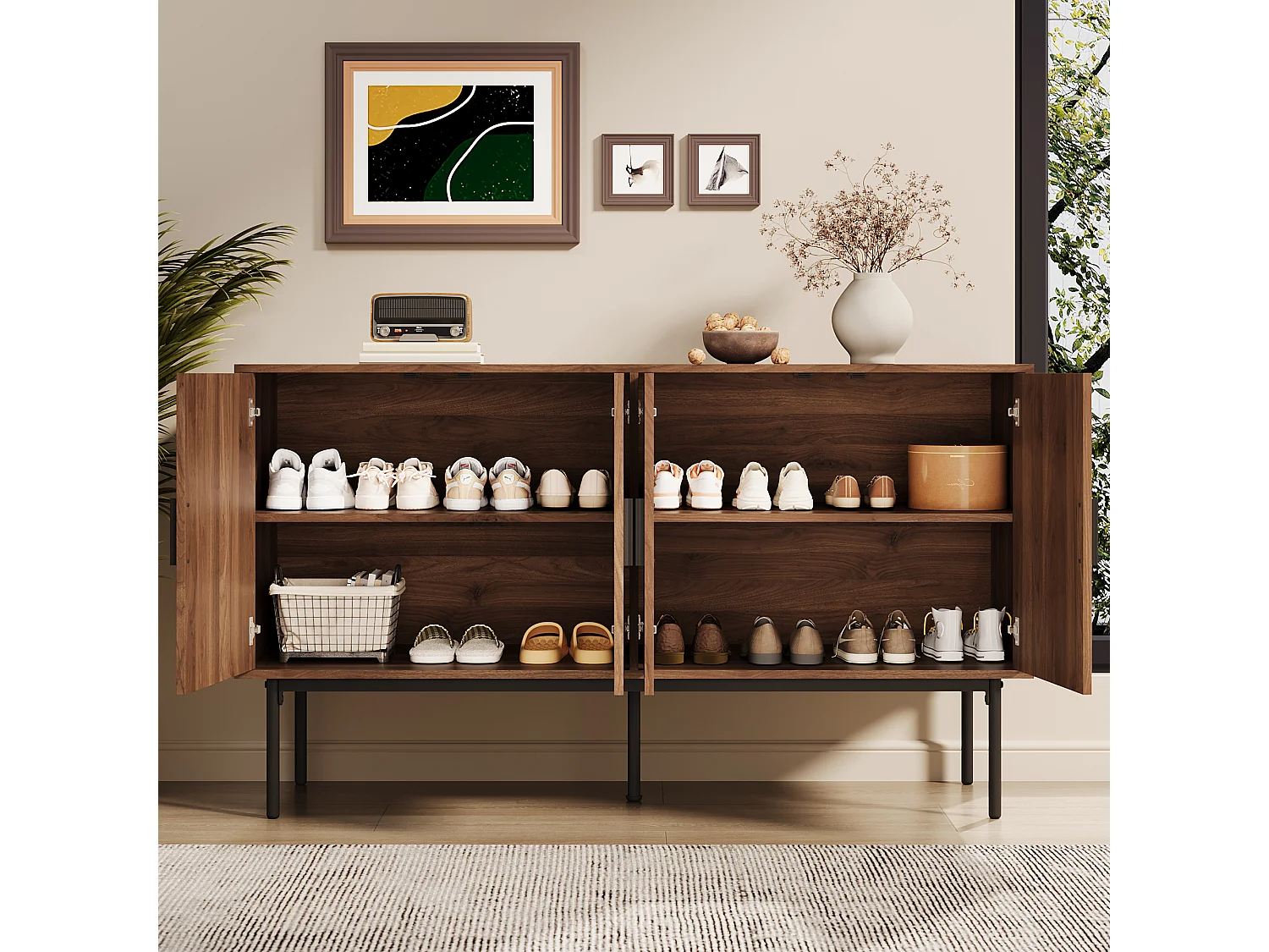 Modern buffet 140x40x80 cm - met 4 deuren - Rotan afwerking - Notenhout fineer - Bruin