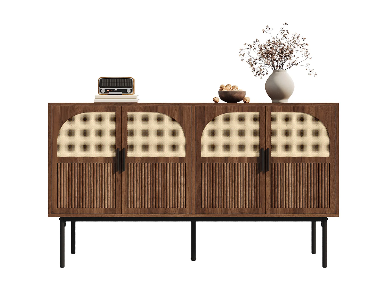 Modern buffet 140x40x80 cm - met 4 deuren - Rotan afwerking - Notenhout fineer - Bruin
