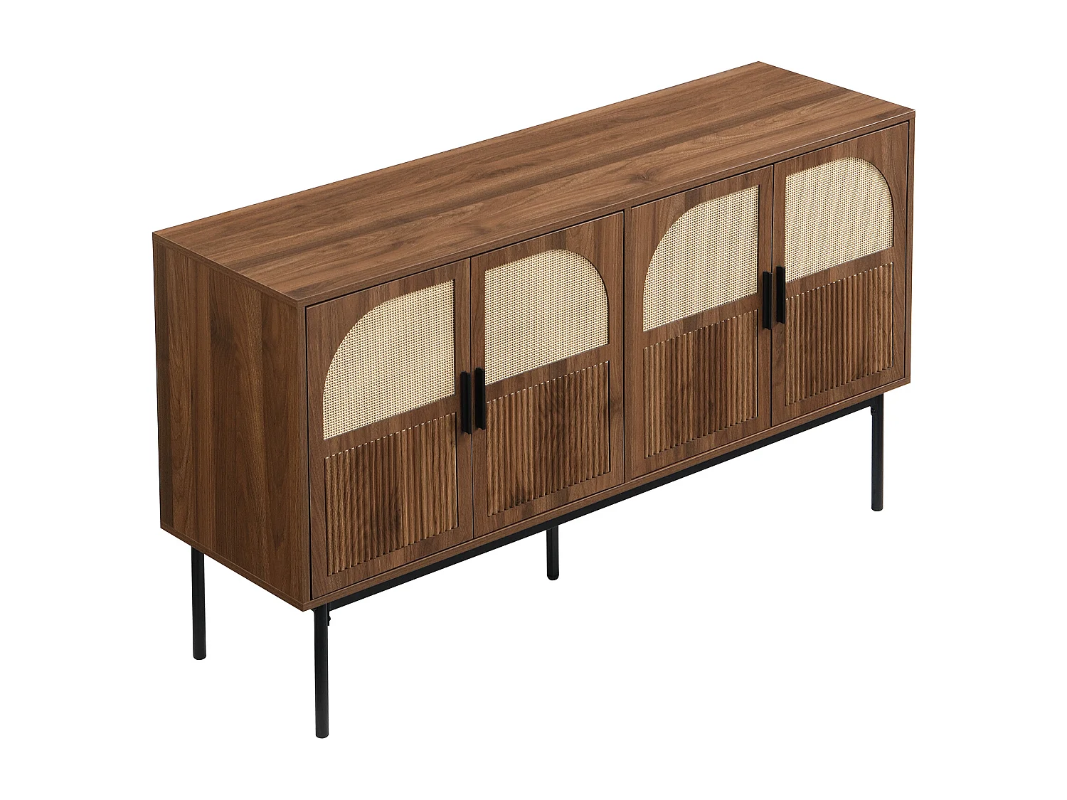 Modern buffet 140x40x80 cm - met 4 deuren - Rotan afwerking - Notenhout fineer - Bruin