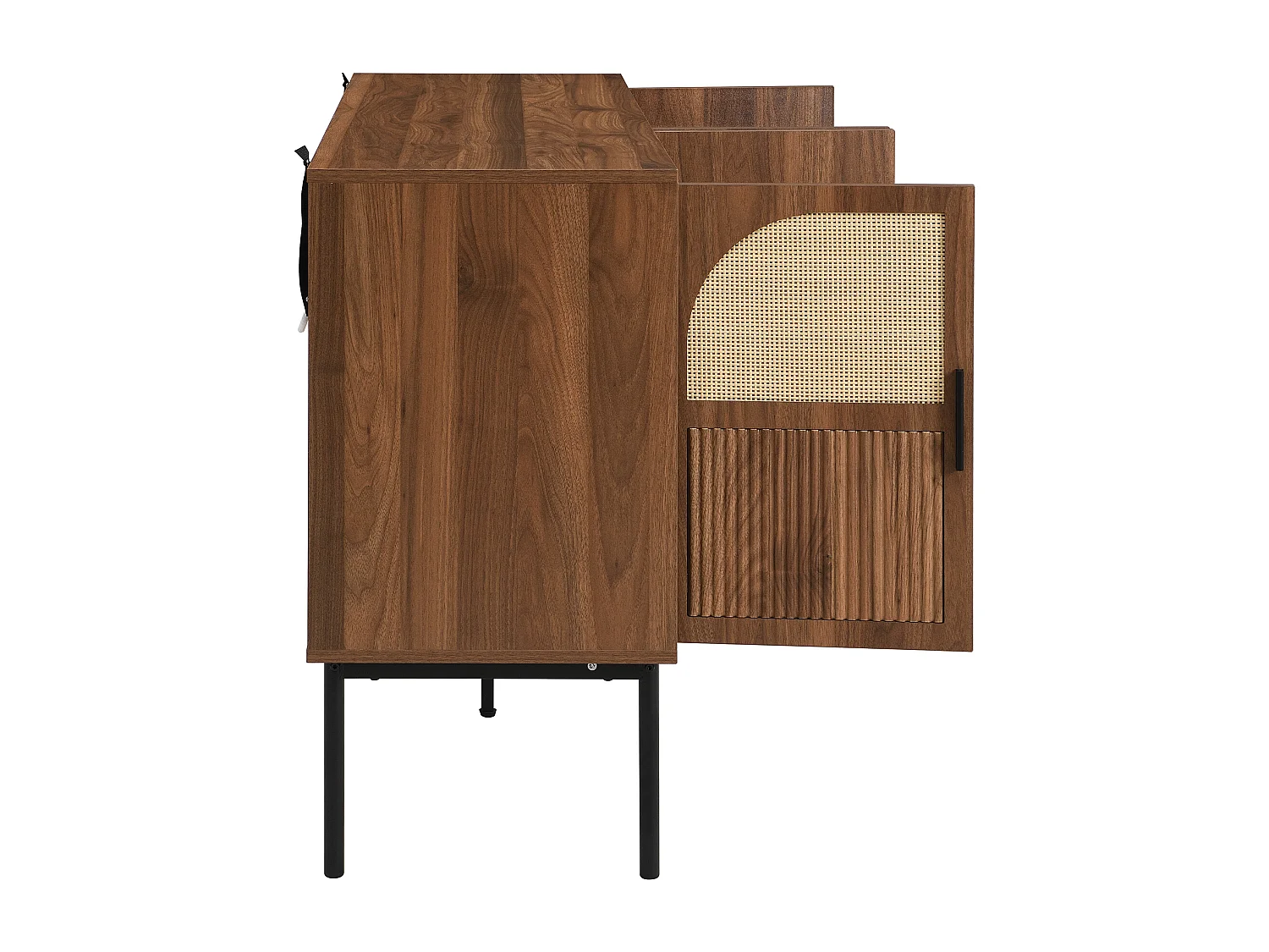 Modern buffet 140x40x80 cm - met 4 deuren - Rotan afwerking - Notenhout fineer - Bruin