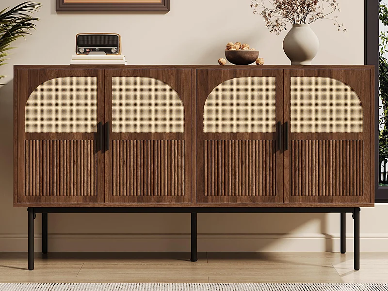 Modern buffet 140x40x80 cm - met 4 deuren - Rotan afwerking - Notenhout fineer - Bruin