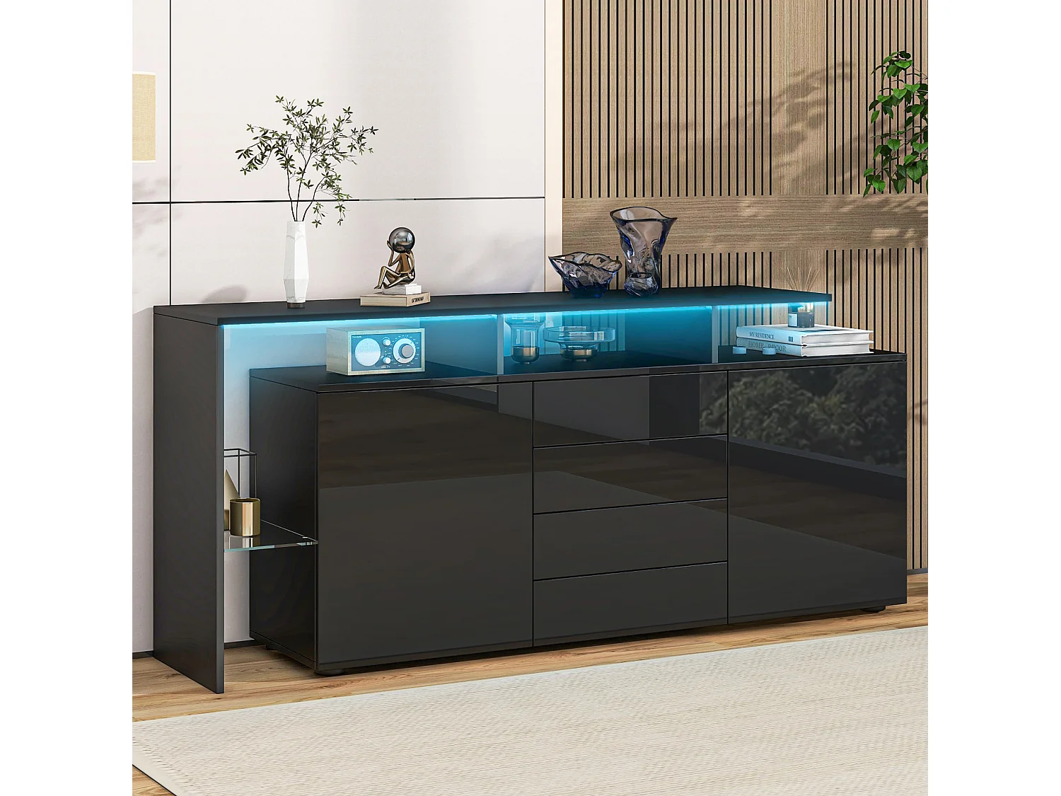 Buffet 160x35x70cm - avec éclairage LED - 4 tiroirs et 2 portes - Finition brillante - Panneaux de particules - Noir