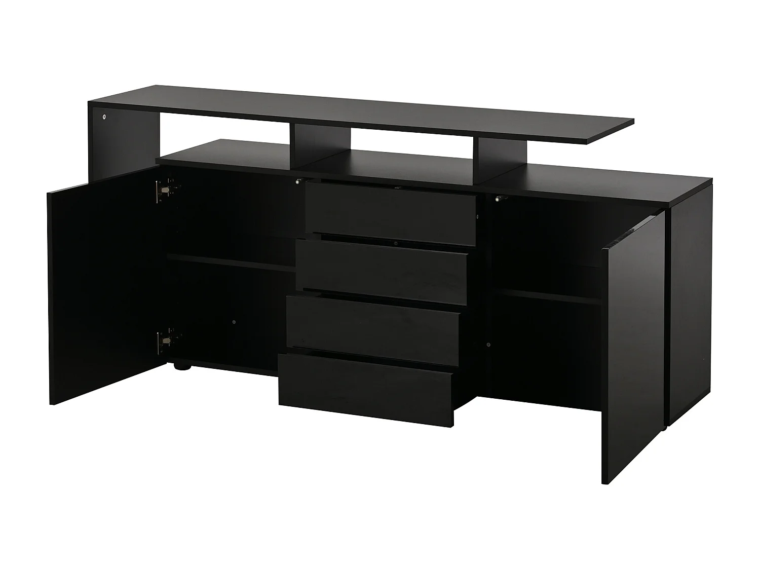 Buffet 160x35x70cm - avec éclairage LED - 4 tiroirs et 2 portes - Finition brillante - Panneaux de particules - Noir