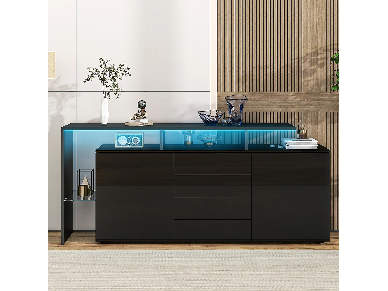 Buffet 160x35x70cm - con iluminación LED - 4 cajones y 2 puertas - Acabado brillante - Paneles de partículas - Negro