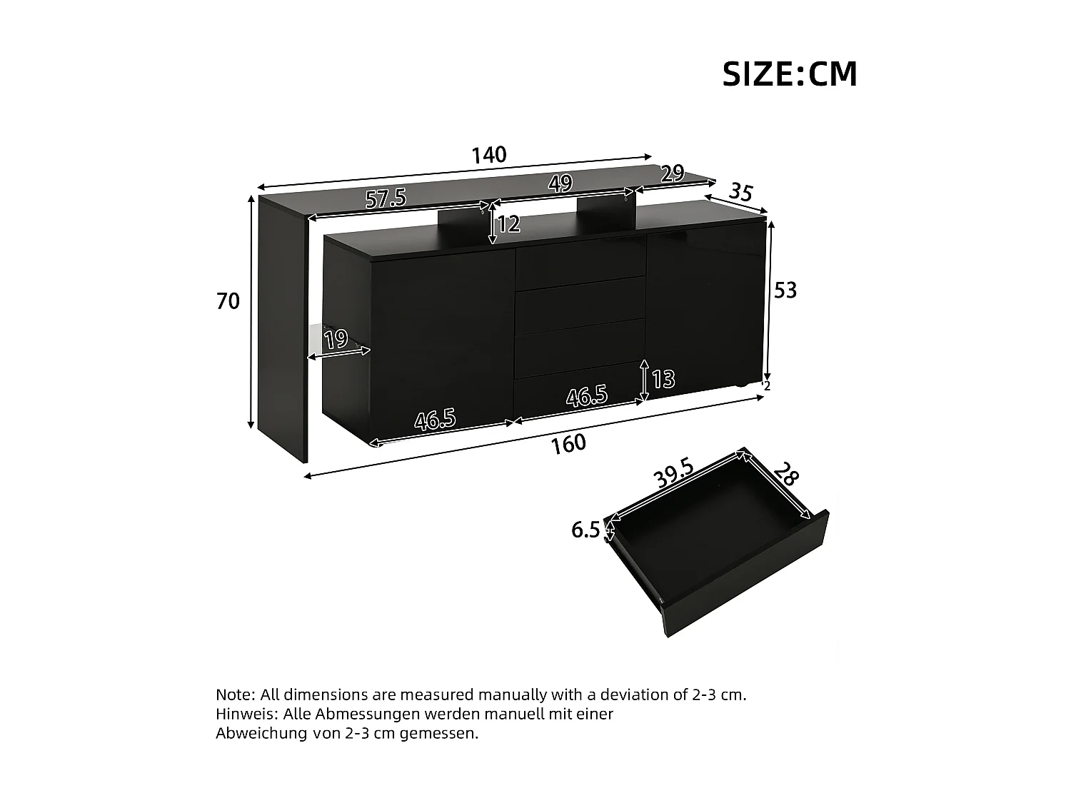 Buffet 160x35x70cm - con iluminación LED - 4 cajones y 2 puertas - Acabado brillante - Paneles de partículas - Negro