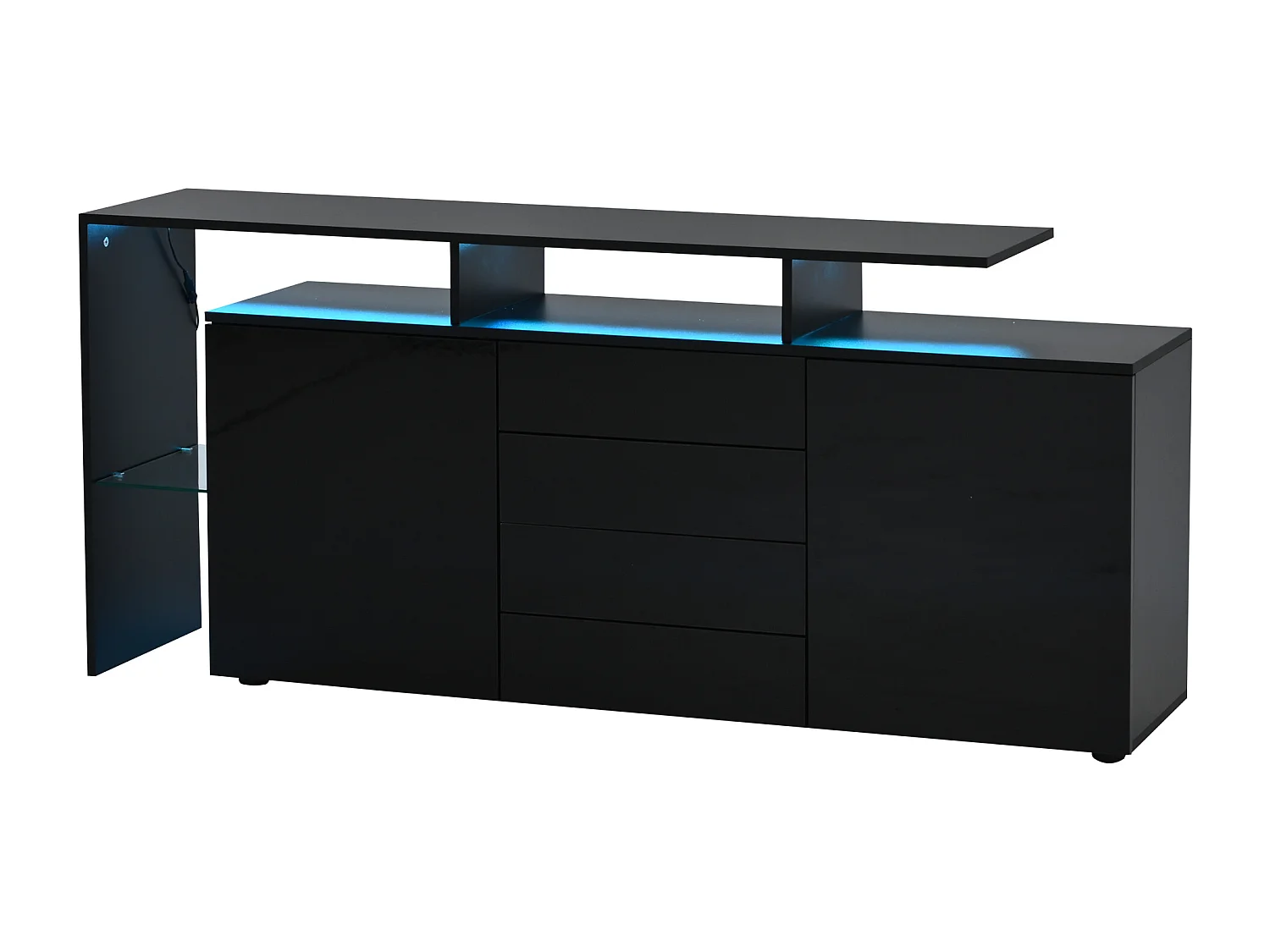 Buffet 160x35x70cm - con iluminación LED - 4 cajones y 2 puertas - Acabado brillante - Paneles de partículas - Negro