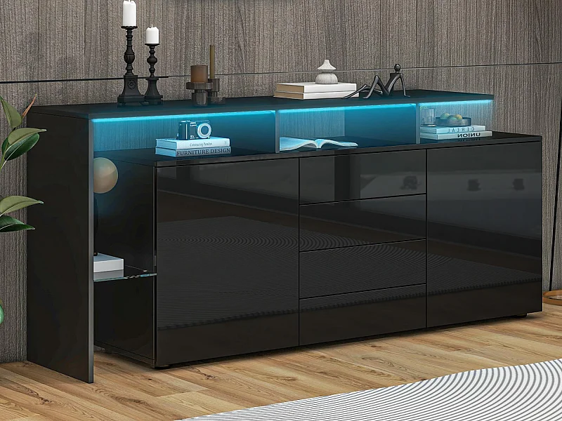 Sideboard 160x35x70cm - mit LED-Beleuchtung - 4 Schubladen und 2 Türen - Hochglanzfinish - Spanplatten - Schwarz