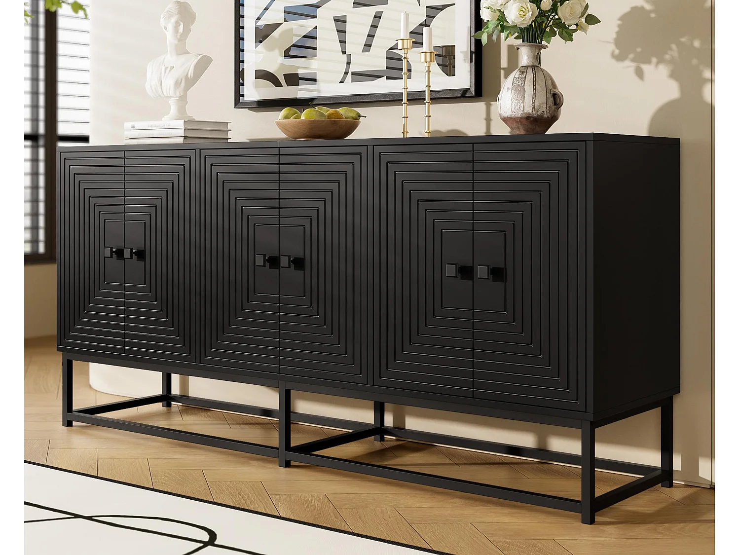Buffet moderno 160x38x75,5 cm - 6 puertas - Gran espacio de almacenamiento - Paneles de partículas - Negro