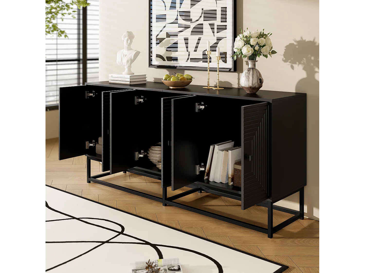 Buffet moderno 160x38x75,5 cm - 6 puertas - Gran espacio de almacenamiento - Paneles de partículas - Negro