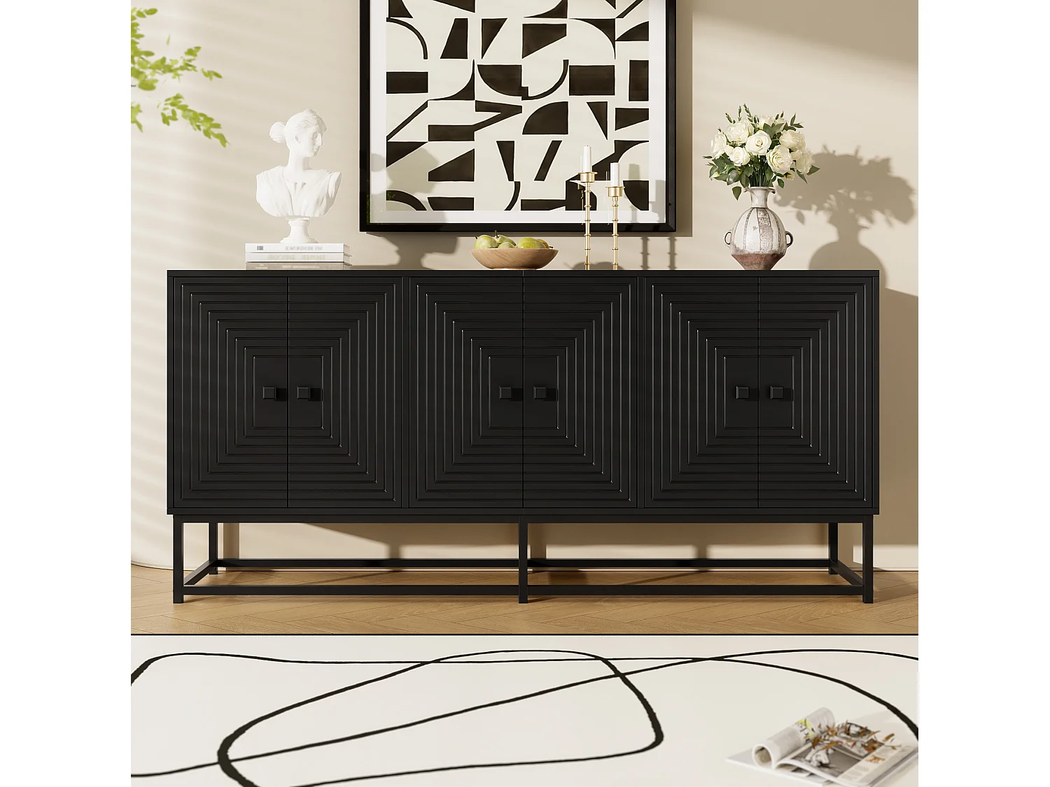 Buffet moderno 160x38x75,5 cm - 6 puertas - Gran espacio de almacenamiento - Paneles de partículas - Negro