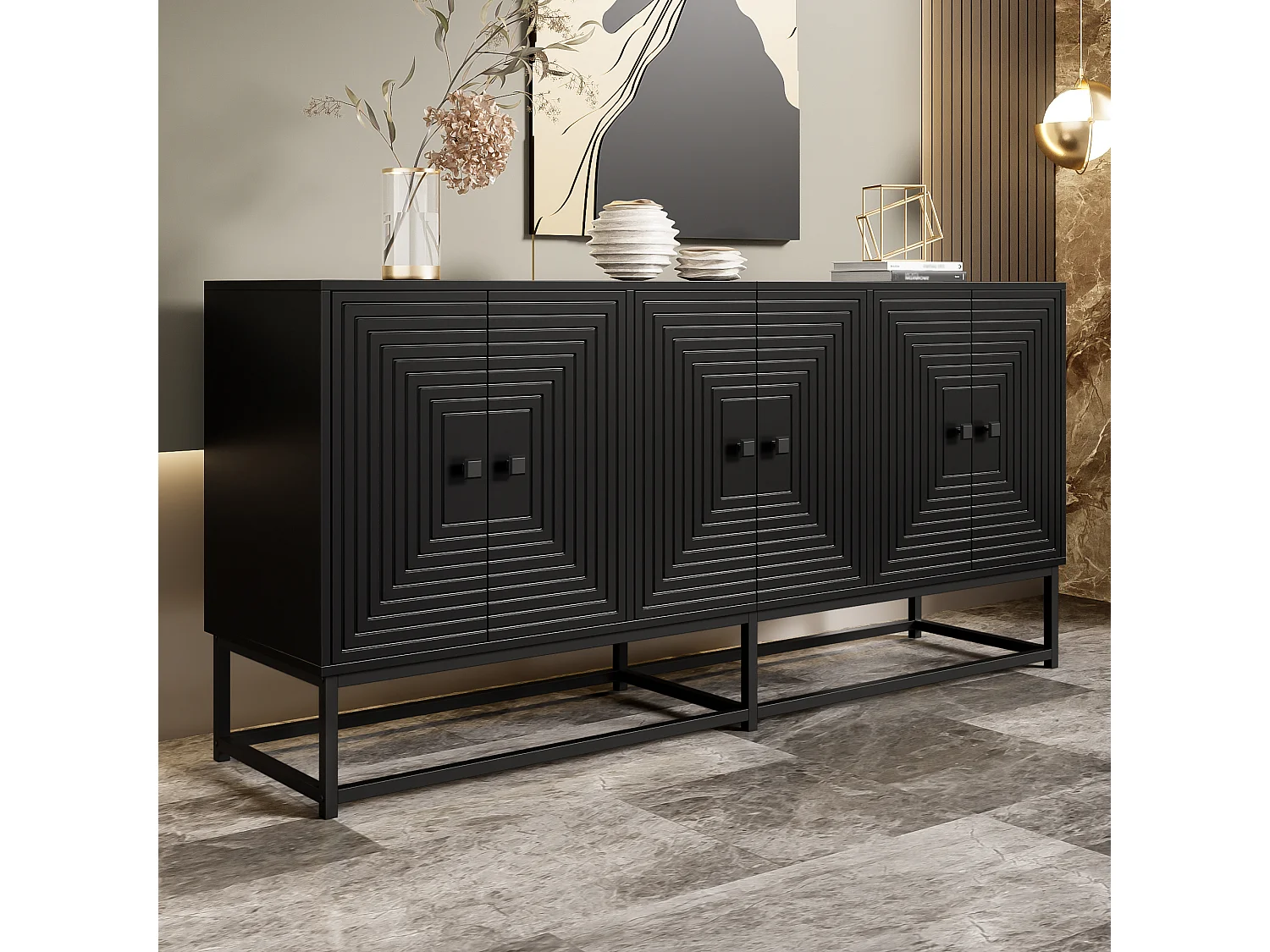 Buffet moderne 160x38x75,5 cm - 6 portes - Grand espace de rangement - Panneaux de particules - Noir