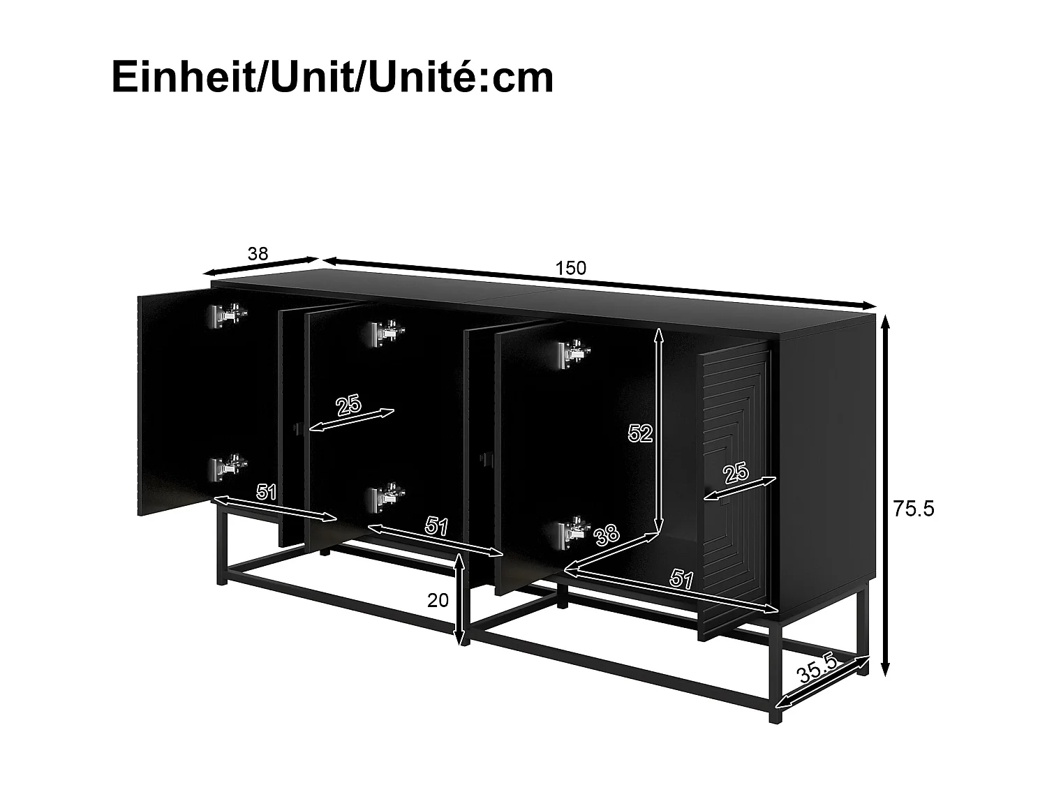 Buffet moderne 160x38x75,5 cm - 6 portes - Grand espace de rangement - Panneaux de particules - Noir
