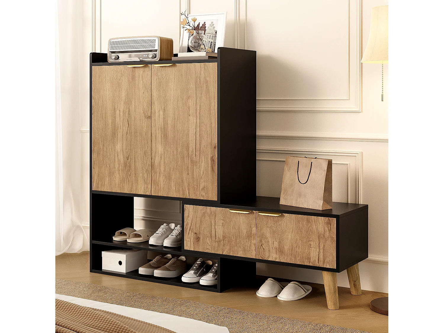 Meuble à chaussures 80x35x113 cm - avec chaise pivotante - 4 portes - Pieds en bois massif - Noir + naturel