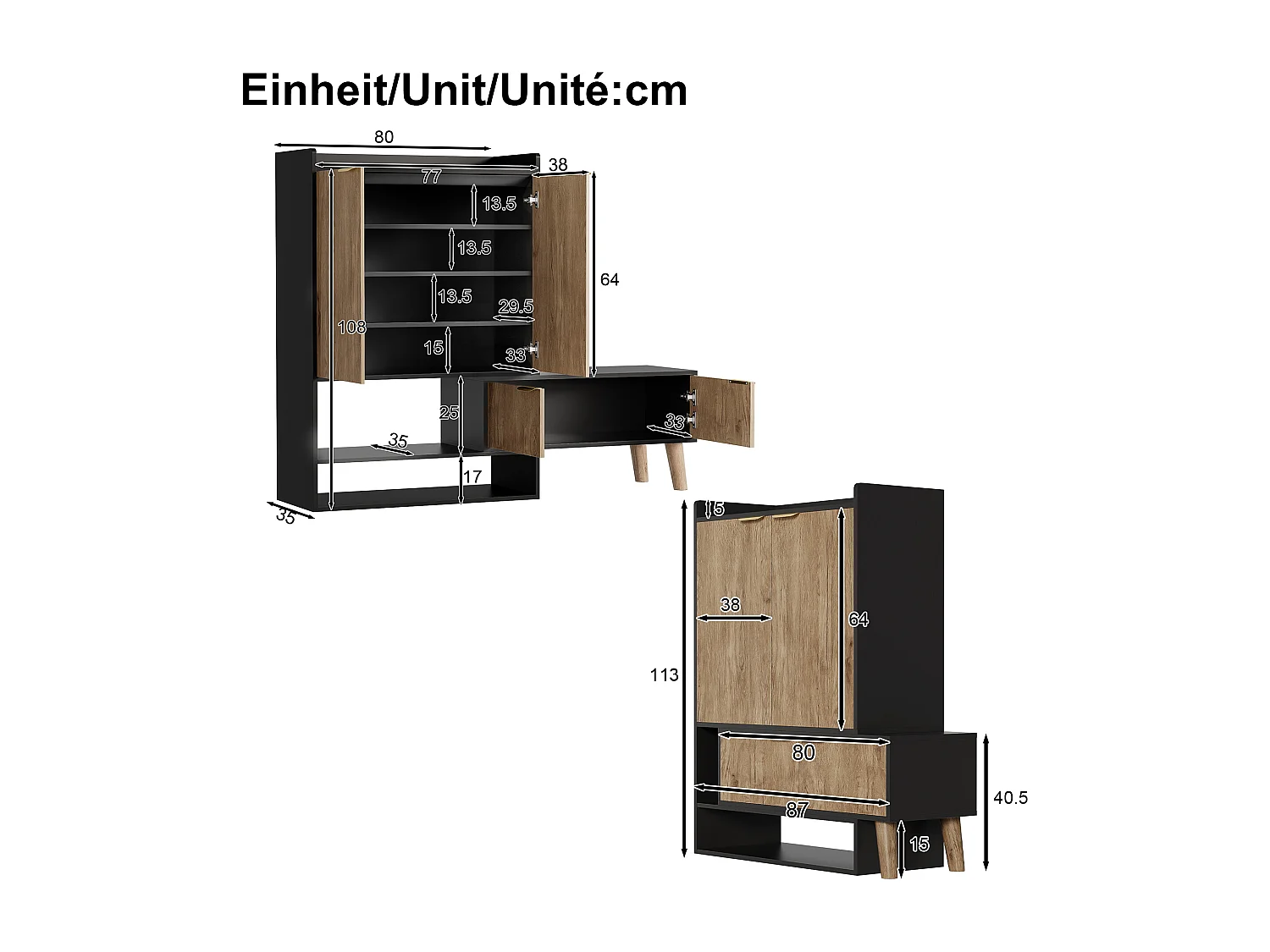 Meuble à chaussures 80x35x113 cm - avec chaise pivotante - 4 portes - Pieds en bois massif - Noir + naturel