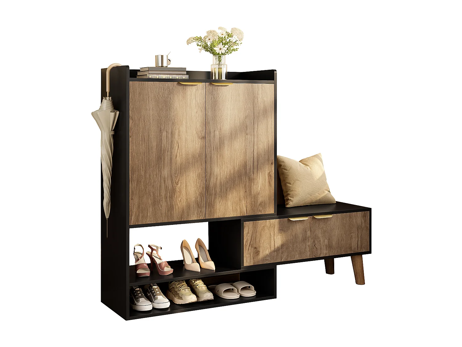 Meuble à chaussures 80x35x113 cm - avec chaise pivotante - 4 portes - Pieds en bois massif - Noir + naturel