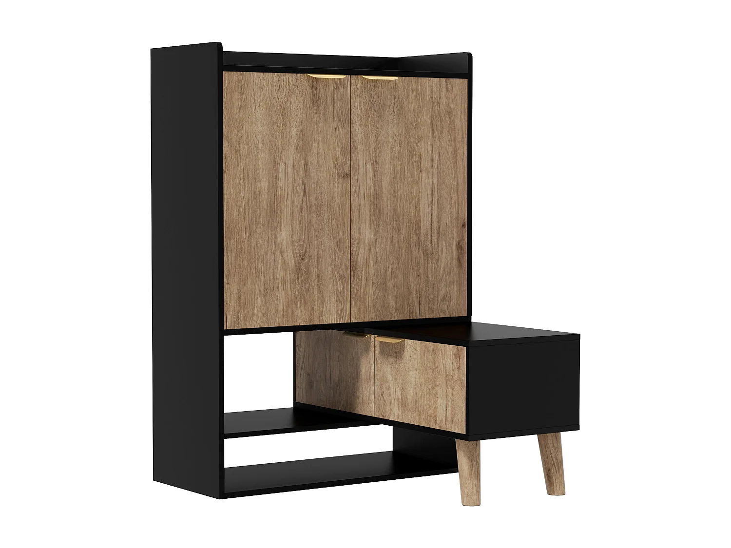 Meuble à chaussures 80x35x113 cm - avec chaise pivotante - 4 portes - Pieds en bois massif - Noir + naturel