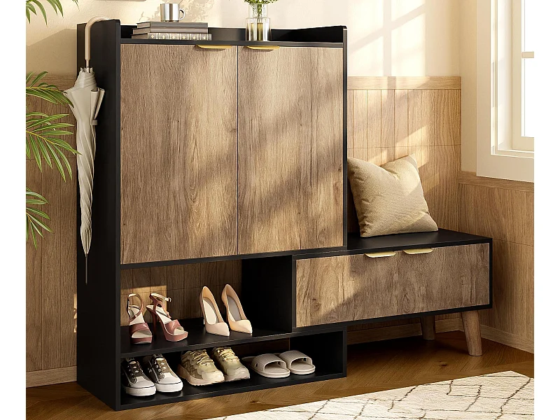 Meuble à chaussures 80x35x113 cm - avec chaise pivotante - 4 portes - Pieds en bois massif - Noir + naturel