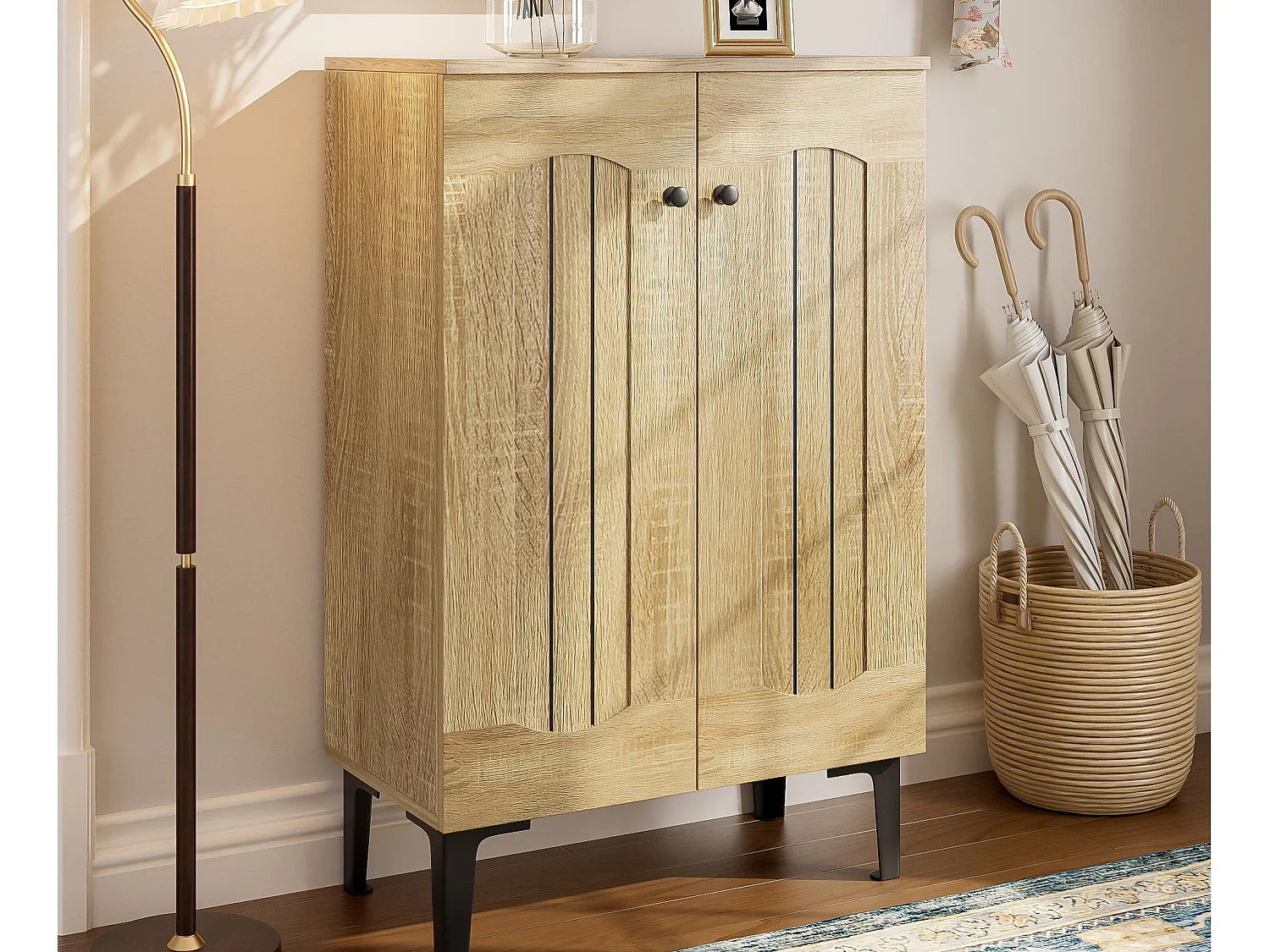 Meuble à chaussures moderne 60x31,5x95 cm - 2 portes - Étagères à plusieurs niveaux - Panneaux de particules - Naturel